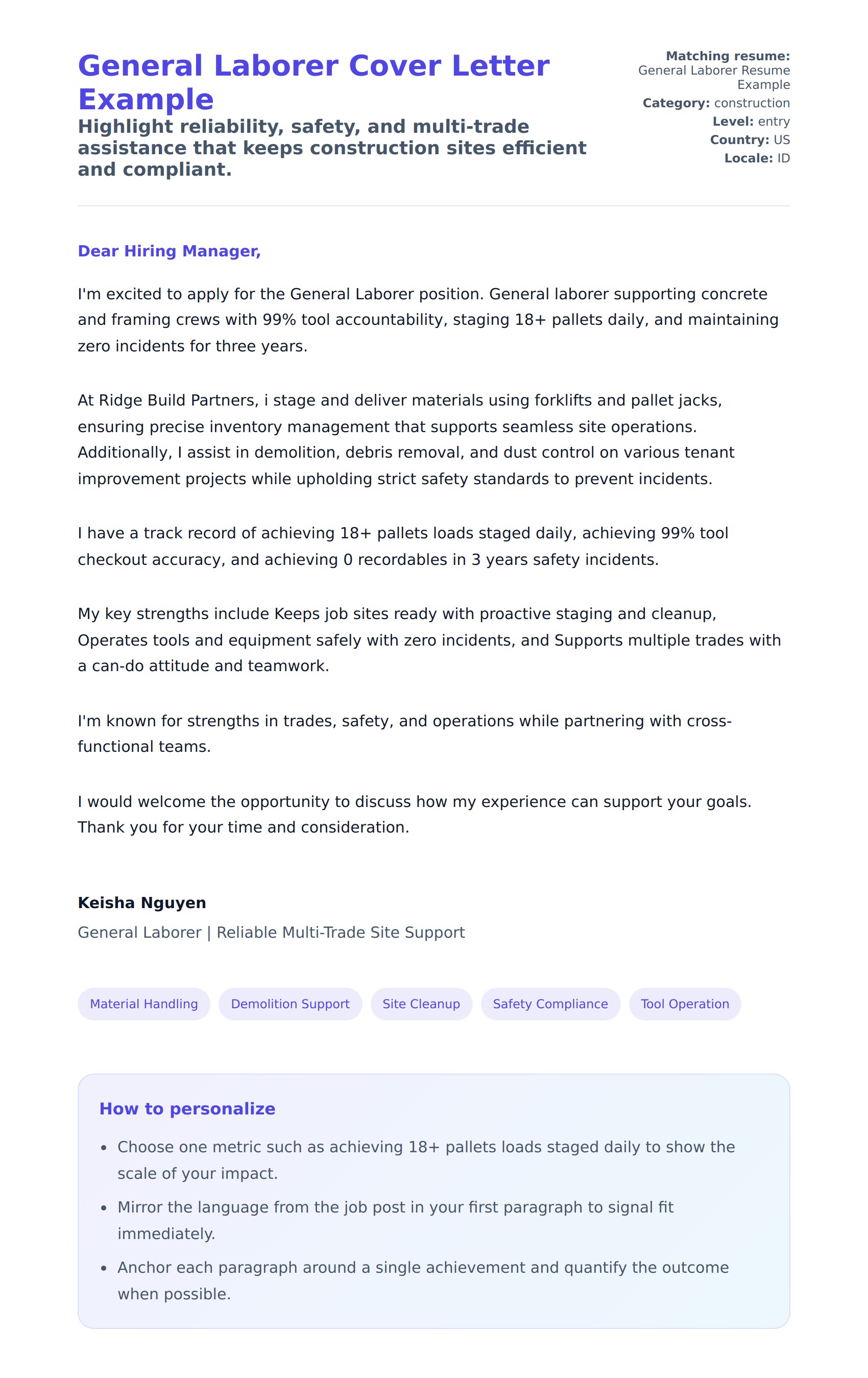 General Laborer Cover Letter Example