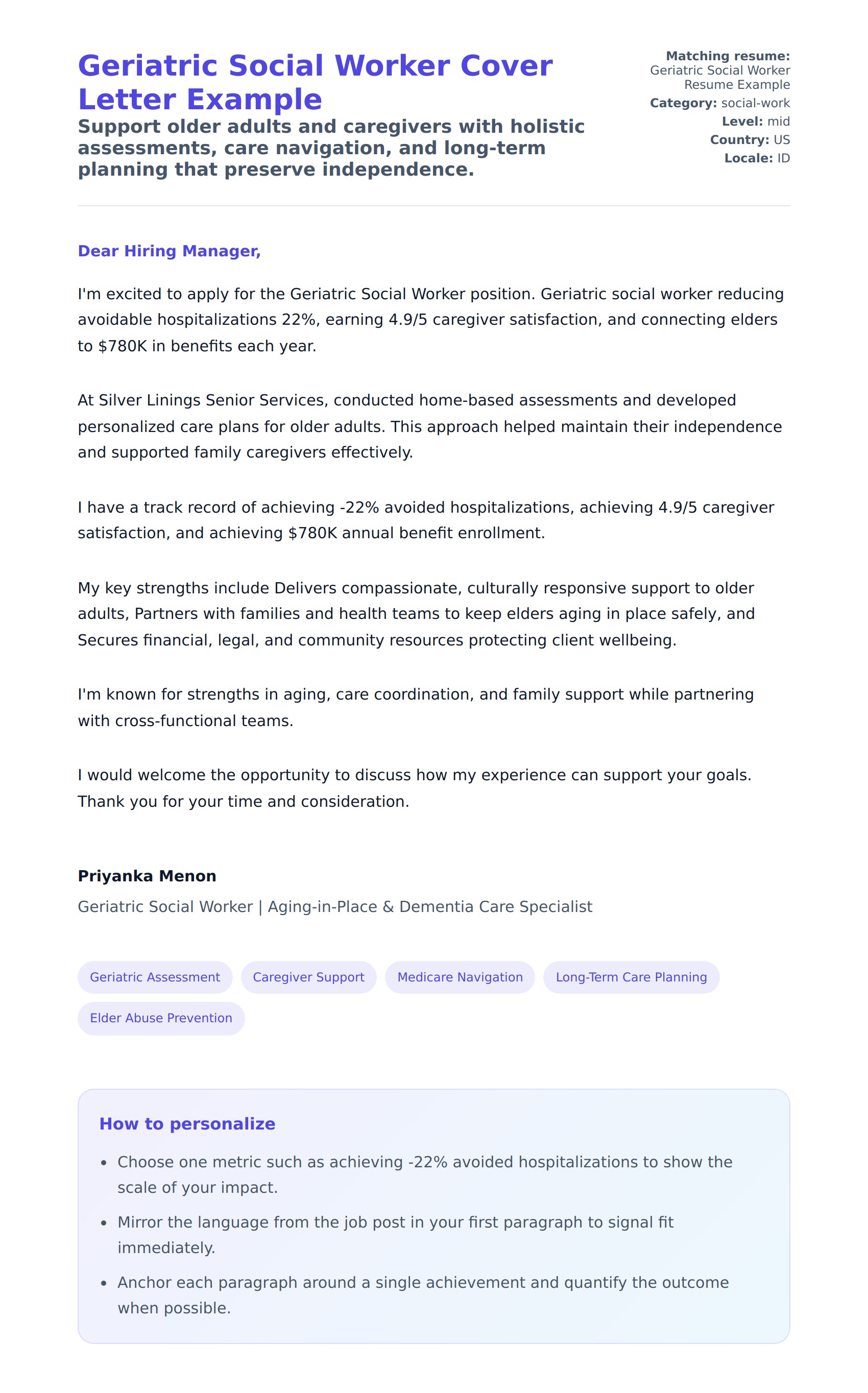 Cover Letter preview for Geriatric Social Worker Cover Letter Example