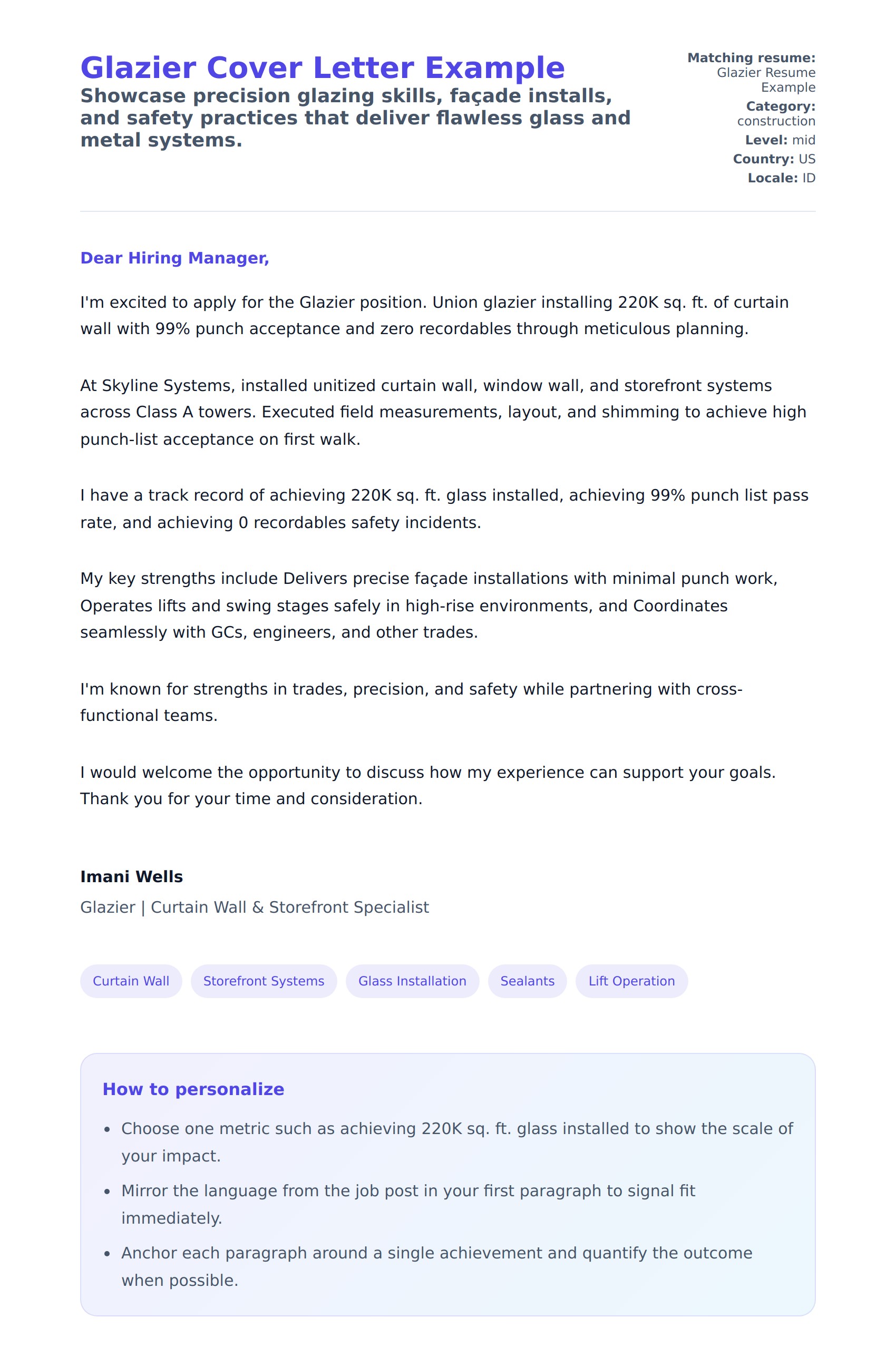 Cover Letter preview for Glazier Cover Letter Example