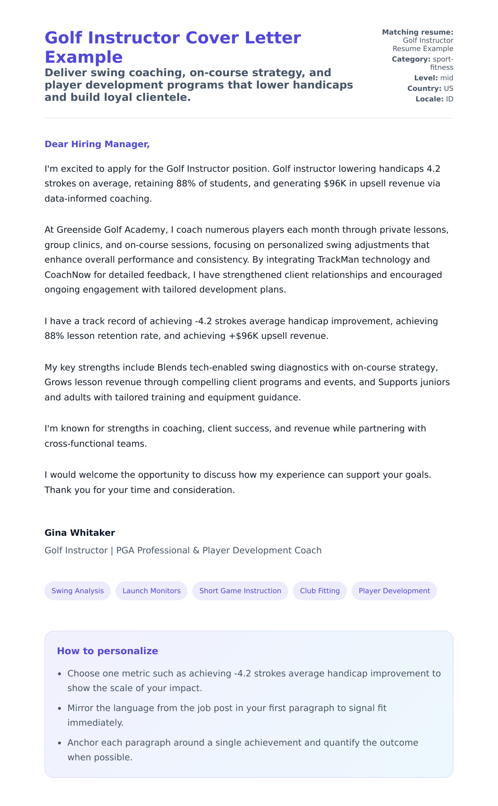 Cover Letter preview for Golf Instructor Cover Letter Example