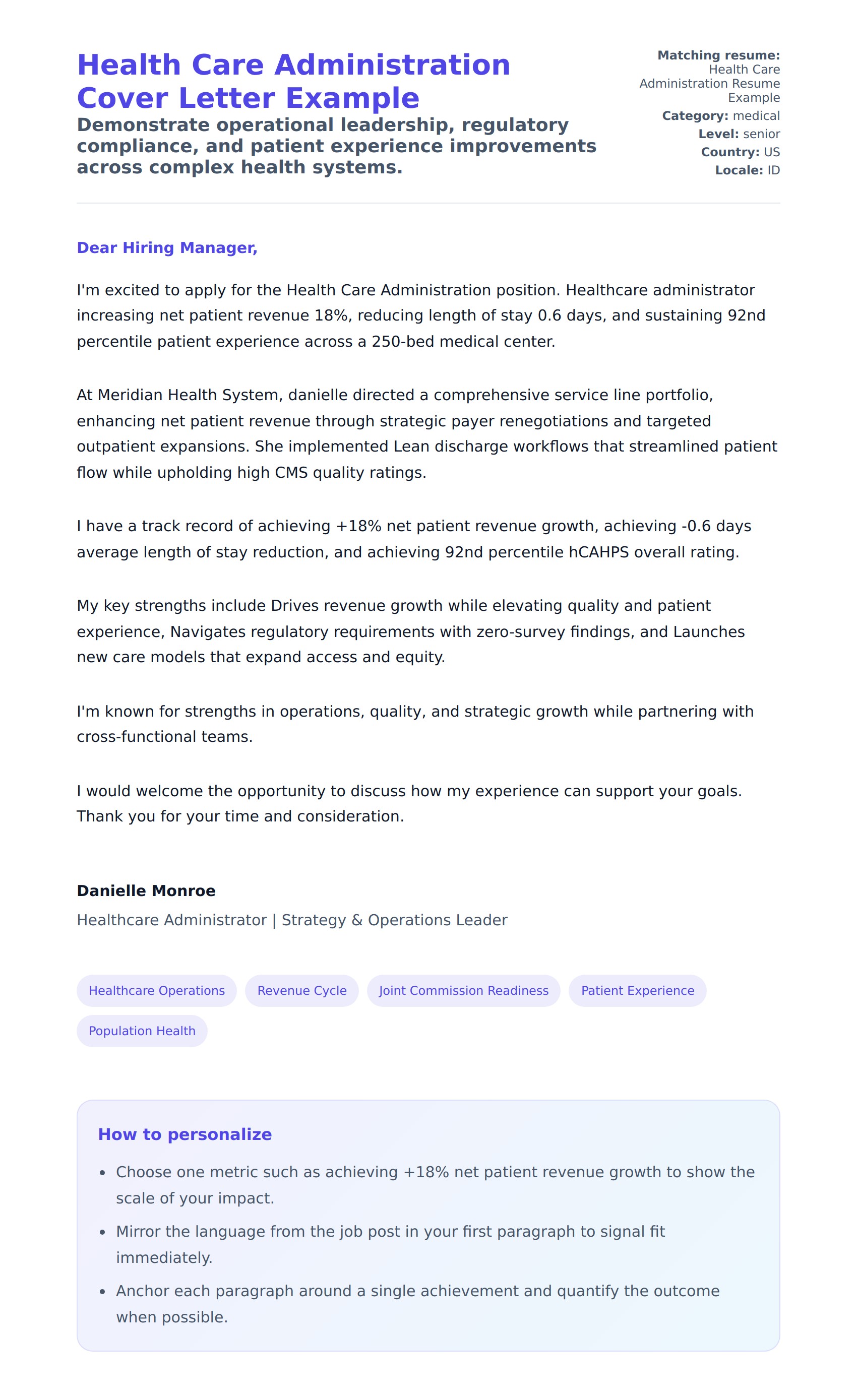 Cover Letter preview for Health Care Administration Cover Letter Example
