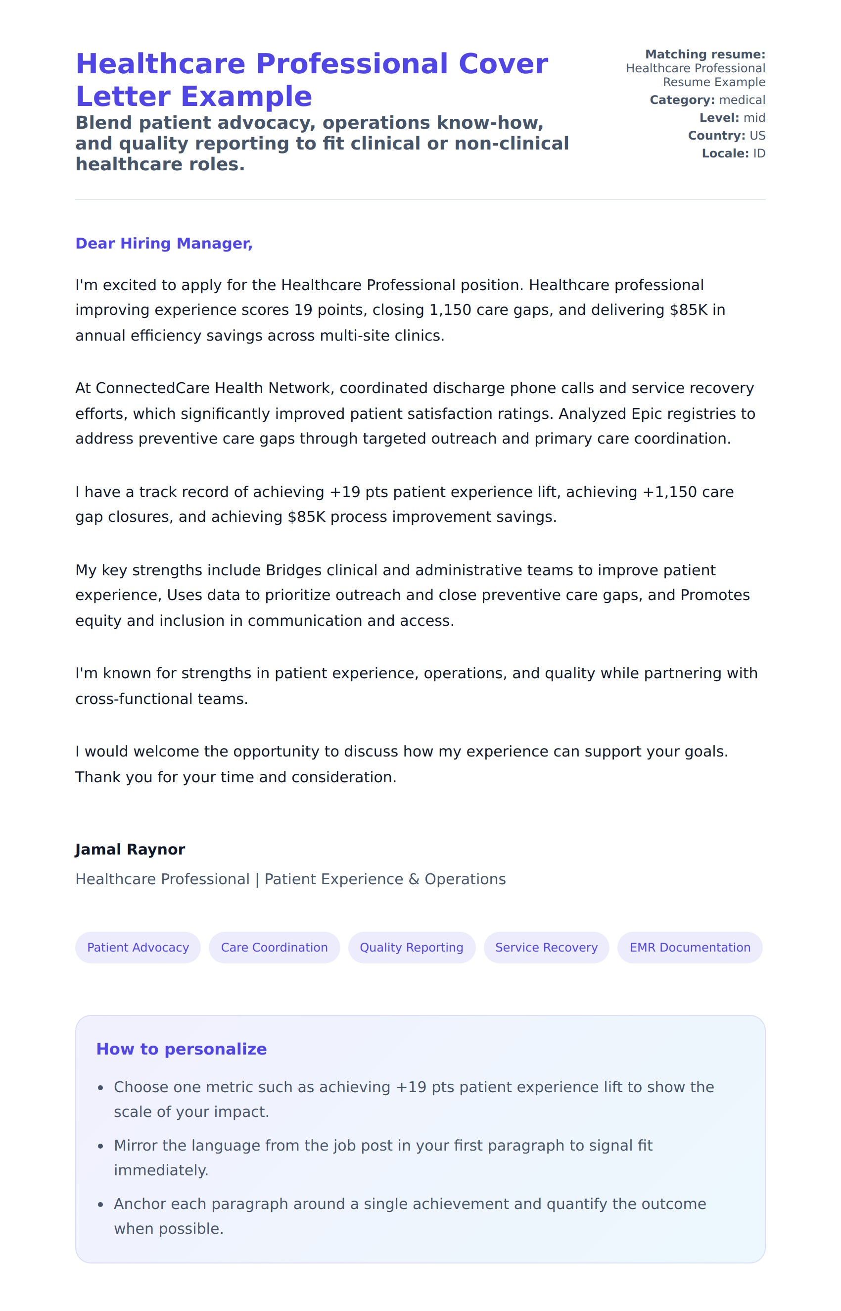Cover Letter preview for Healthcare Professional Cover Letter Example