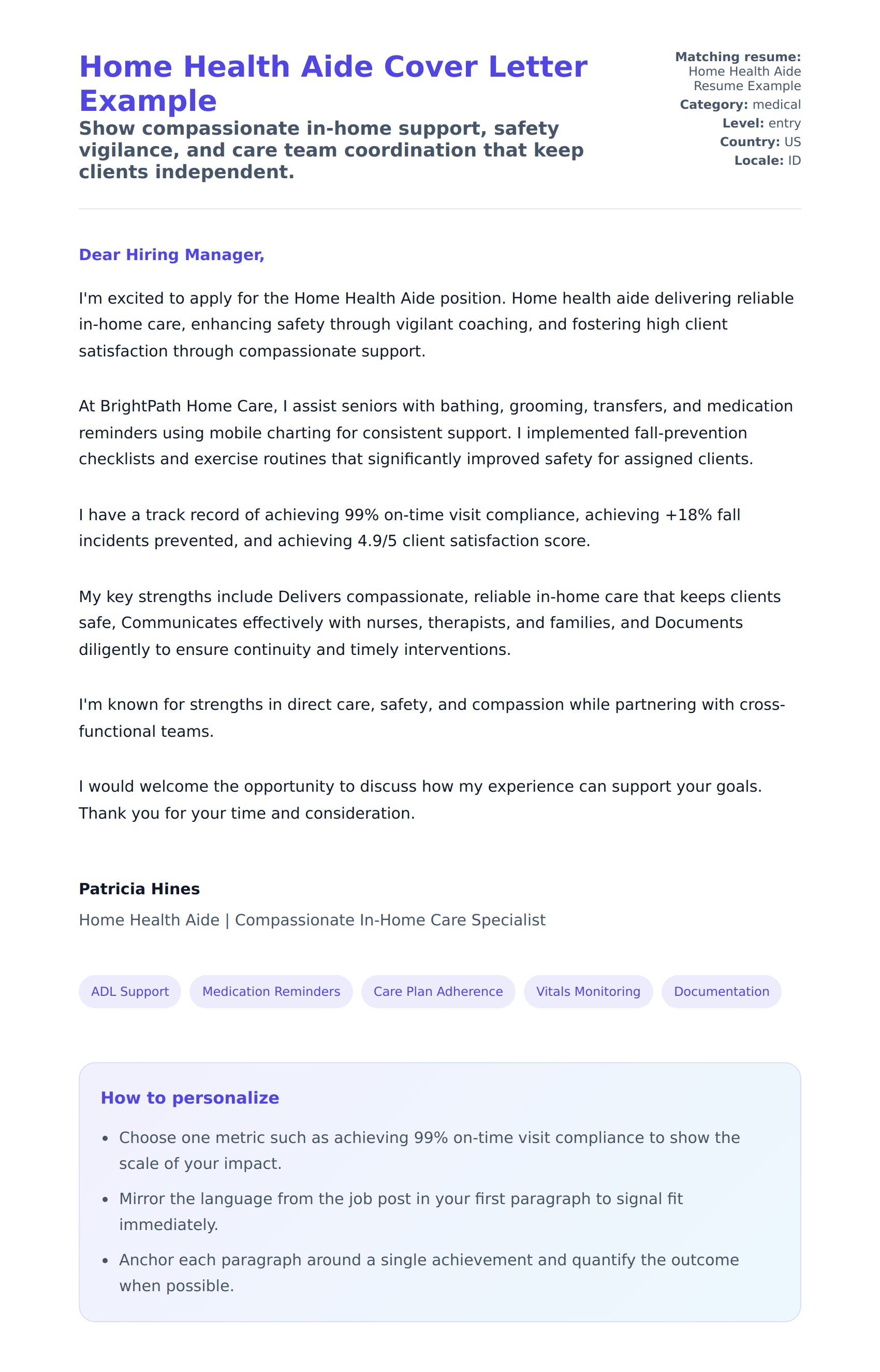 Cover Letter preview for Home Health Aide Cover Letter Example