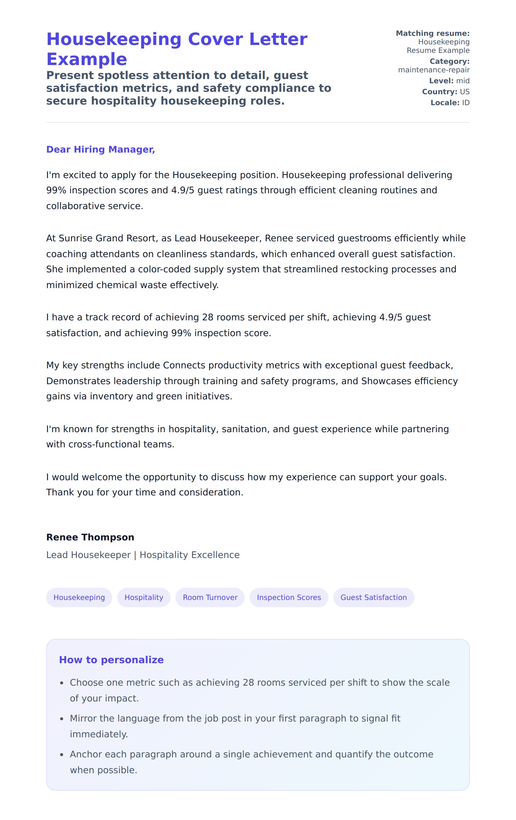 Housekeeping Cover Letter Example