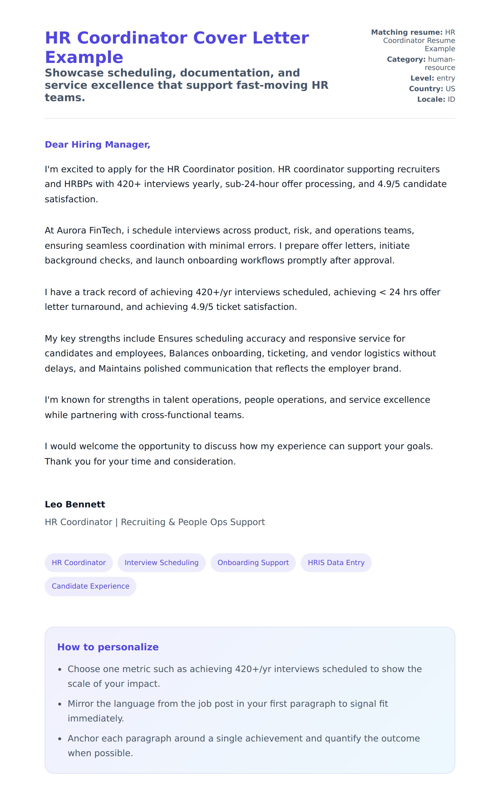 HR Coordinator Cover Letter Example