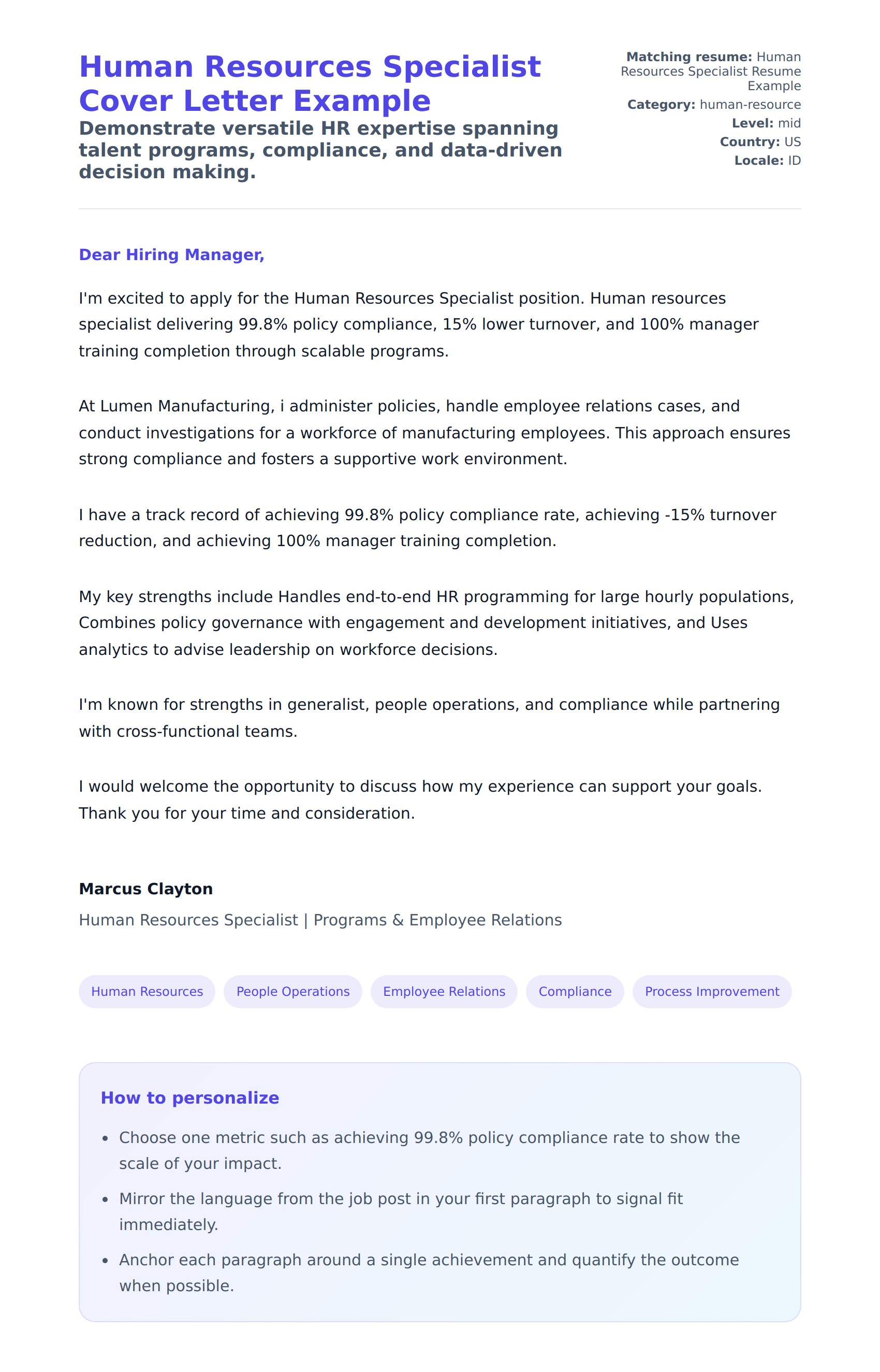 Human Resources Specialist Cover Letter Example