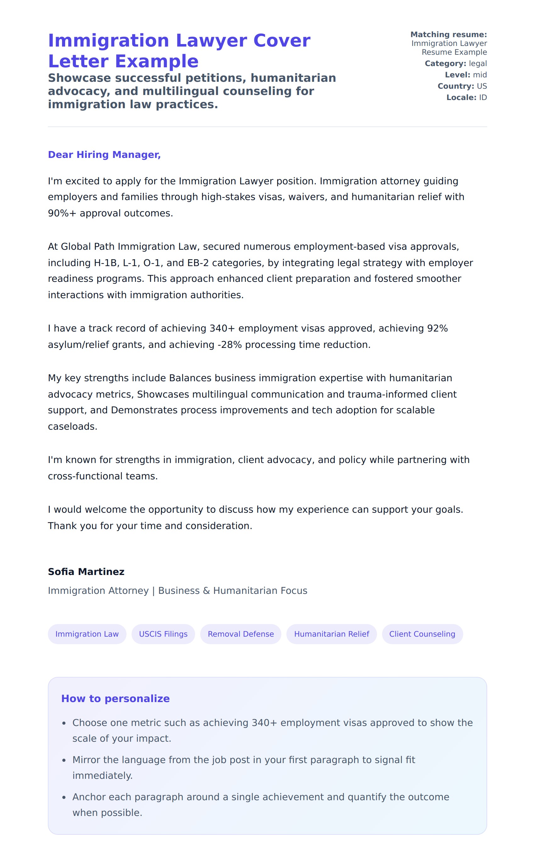 Immigration Lawyer Cover Letter Example