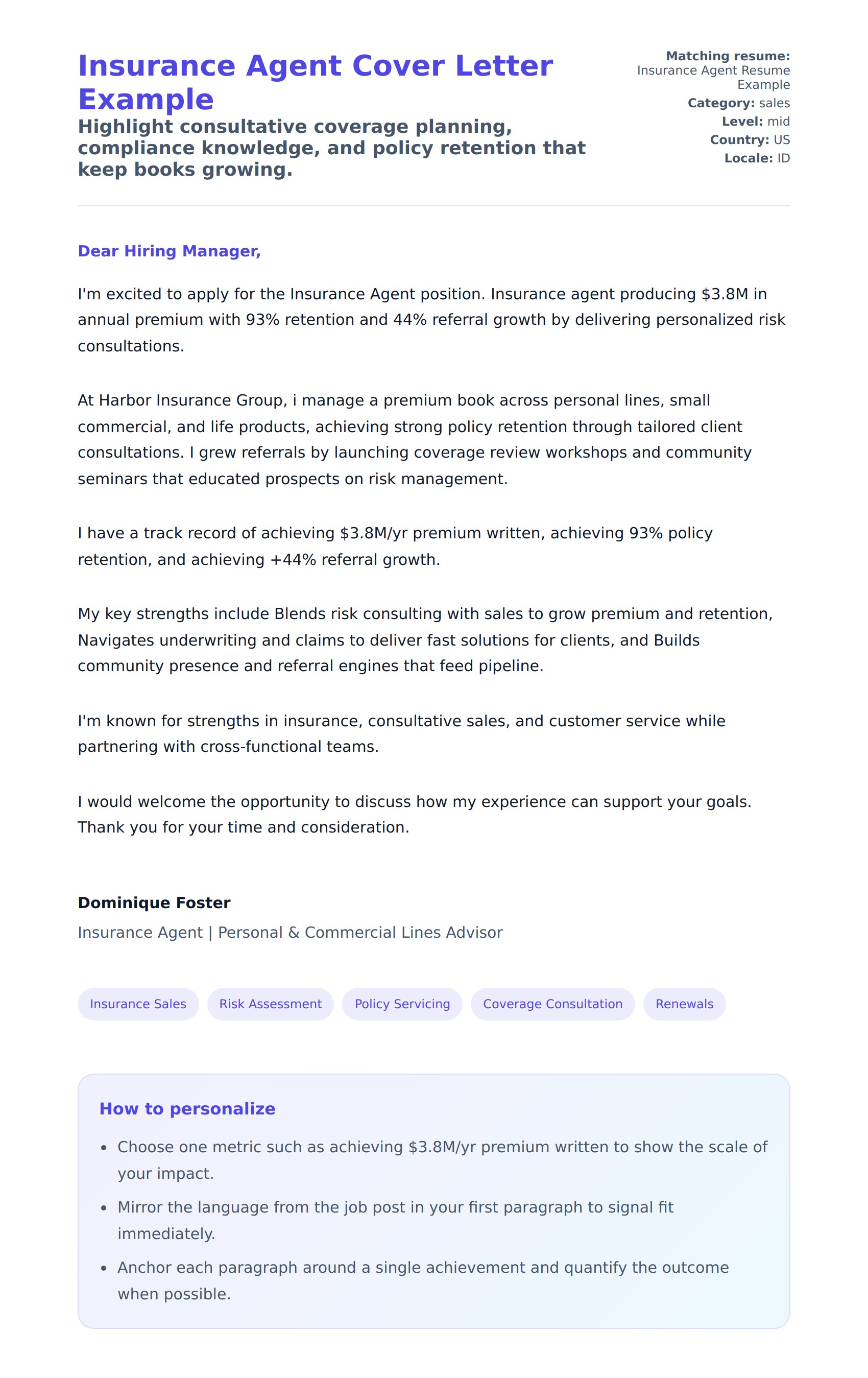 Insurance Agent Cover Letter Example