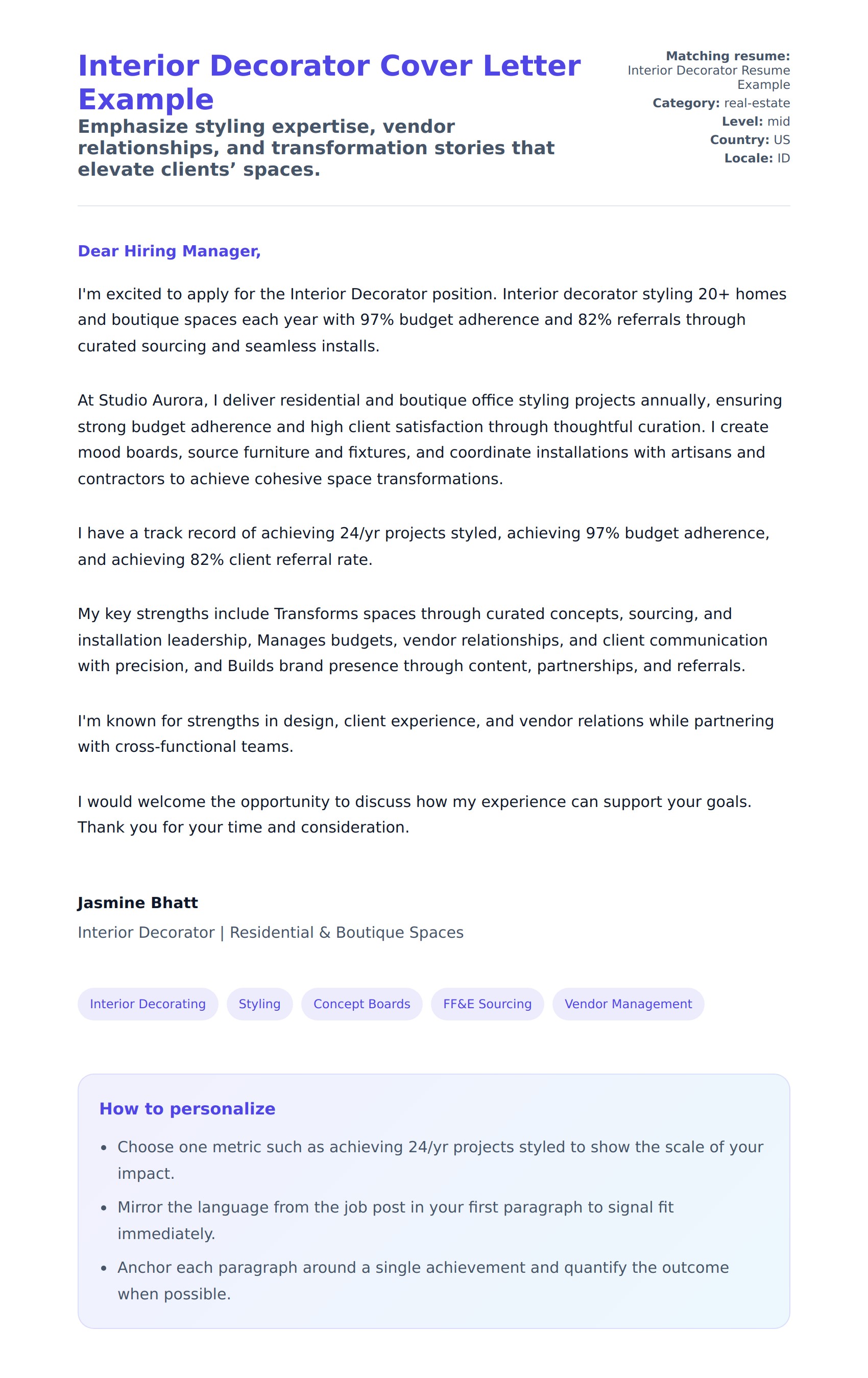 Cover Letter preview for Interior Decorator Cover Letter Example