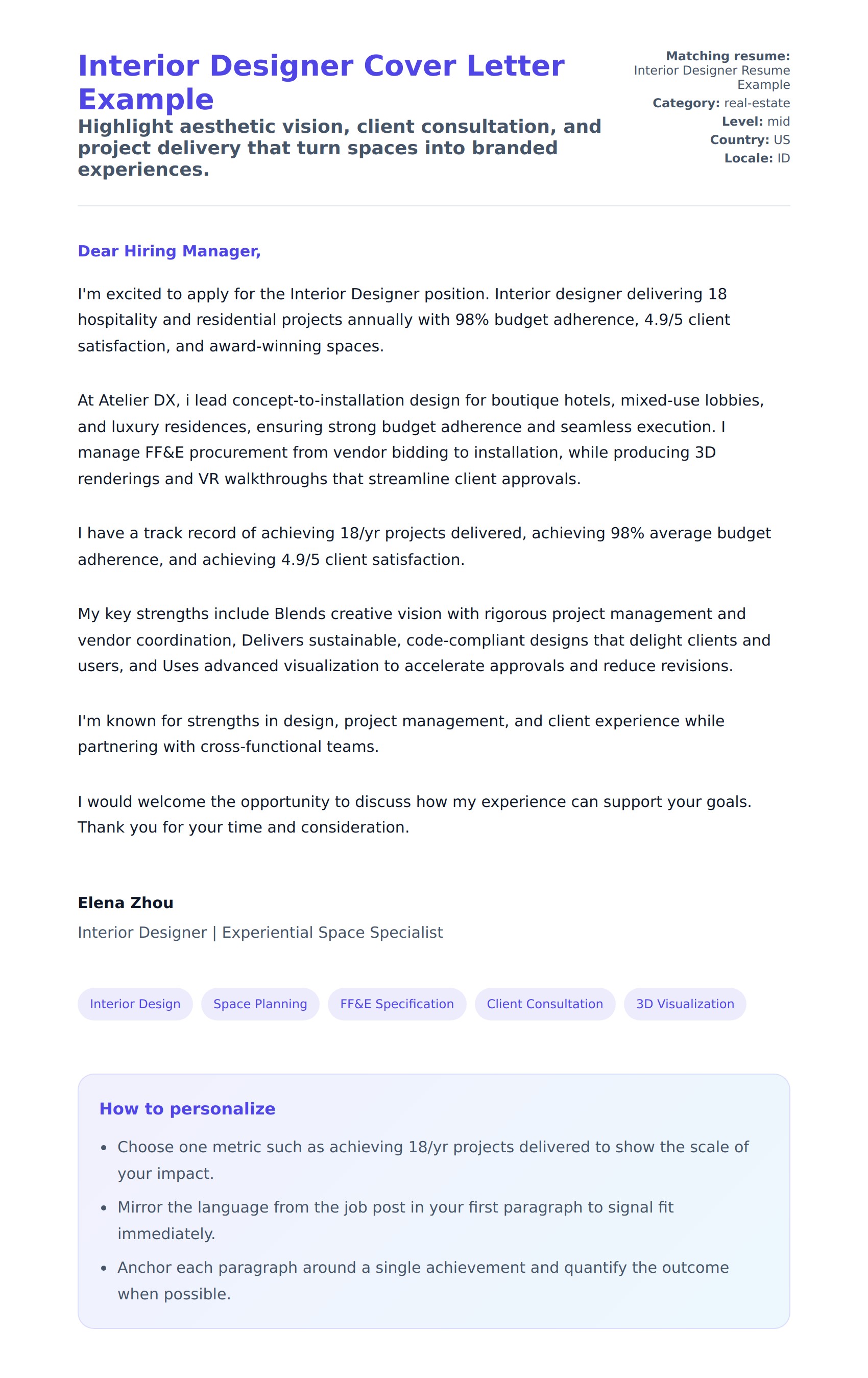 Interior Designer Cover Letter Example