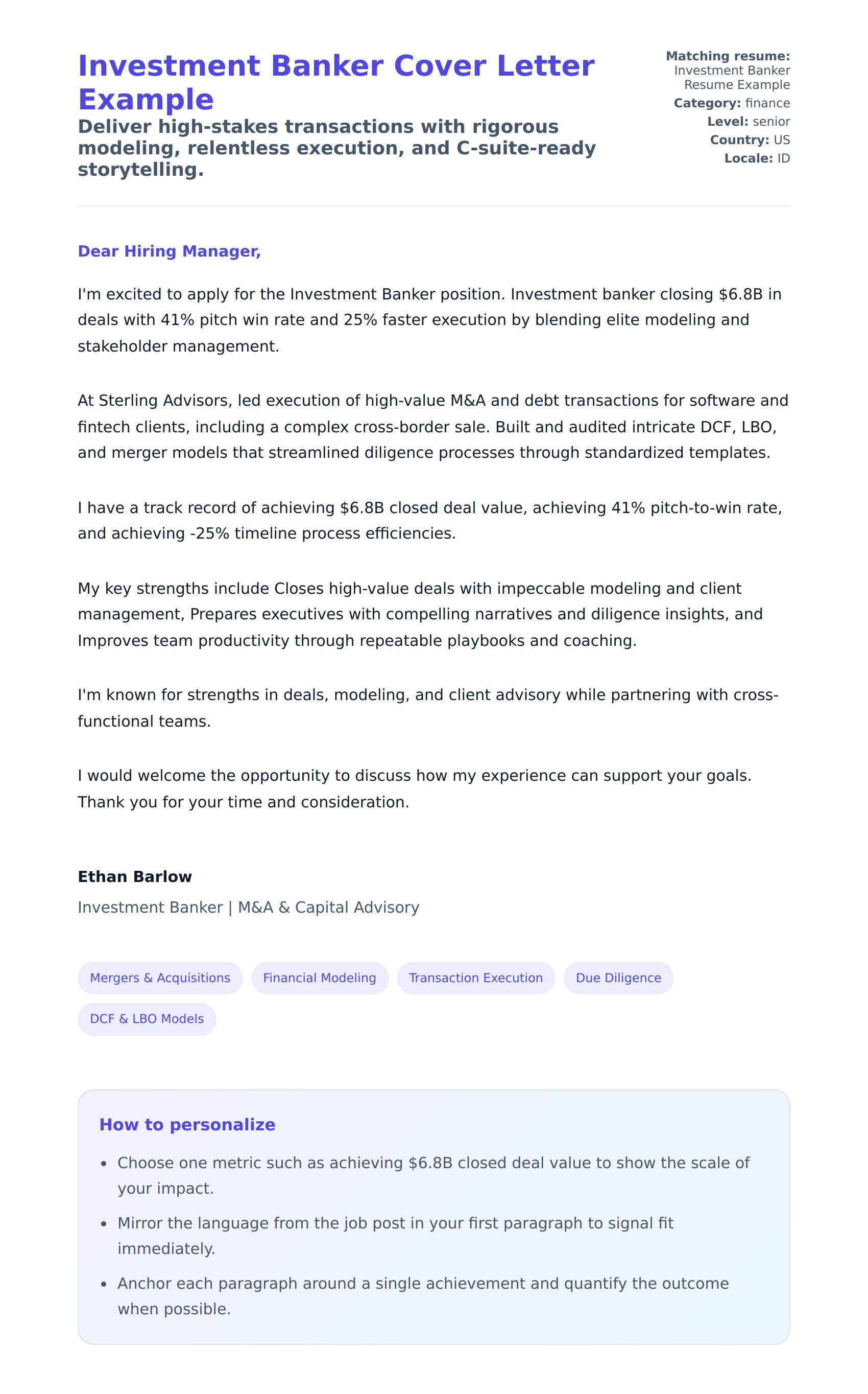 Cover Letter preview for Investment Banker Cover Letter Example