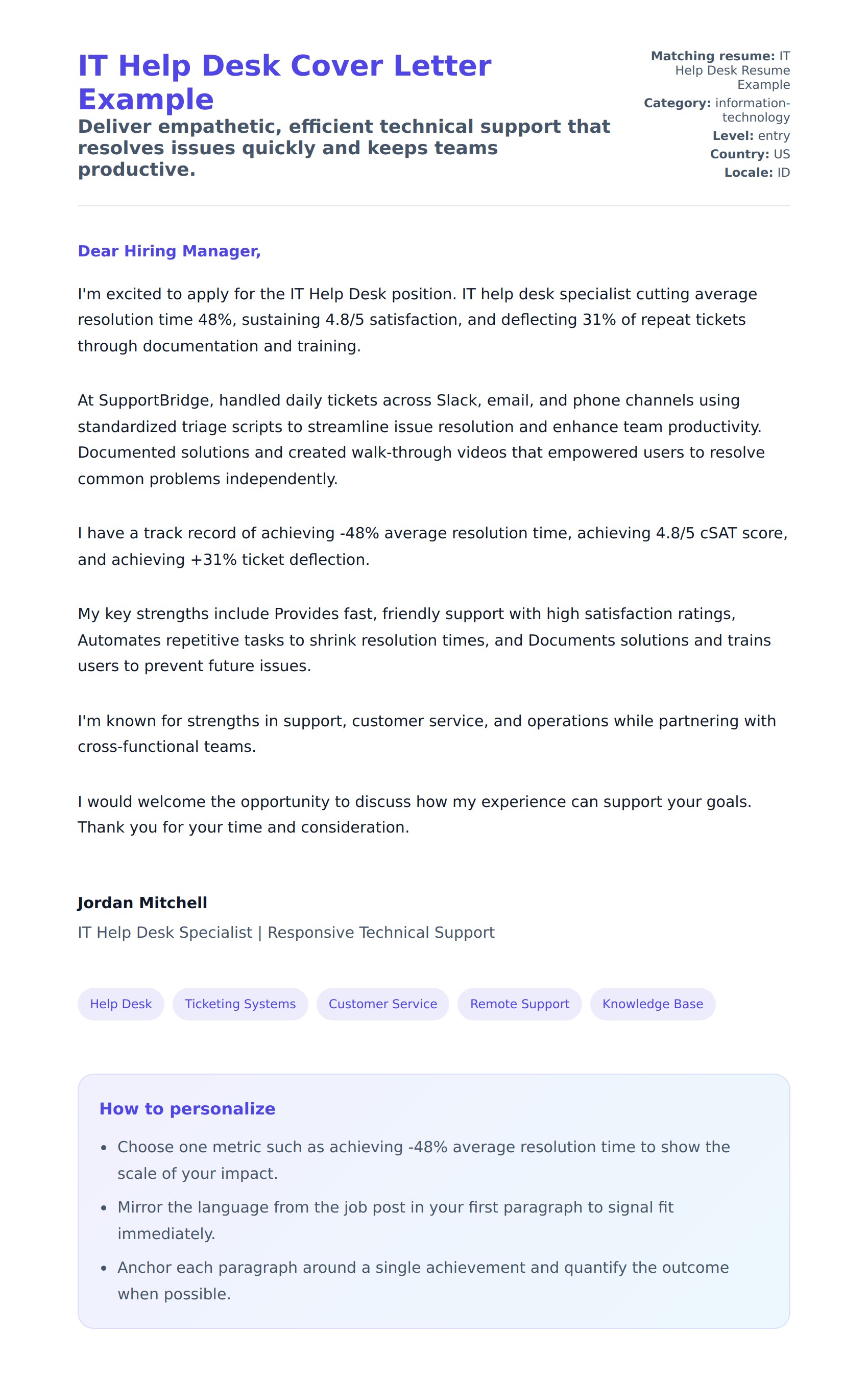 Cover Letter preview for IT Help Desk Cover Letter Example
