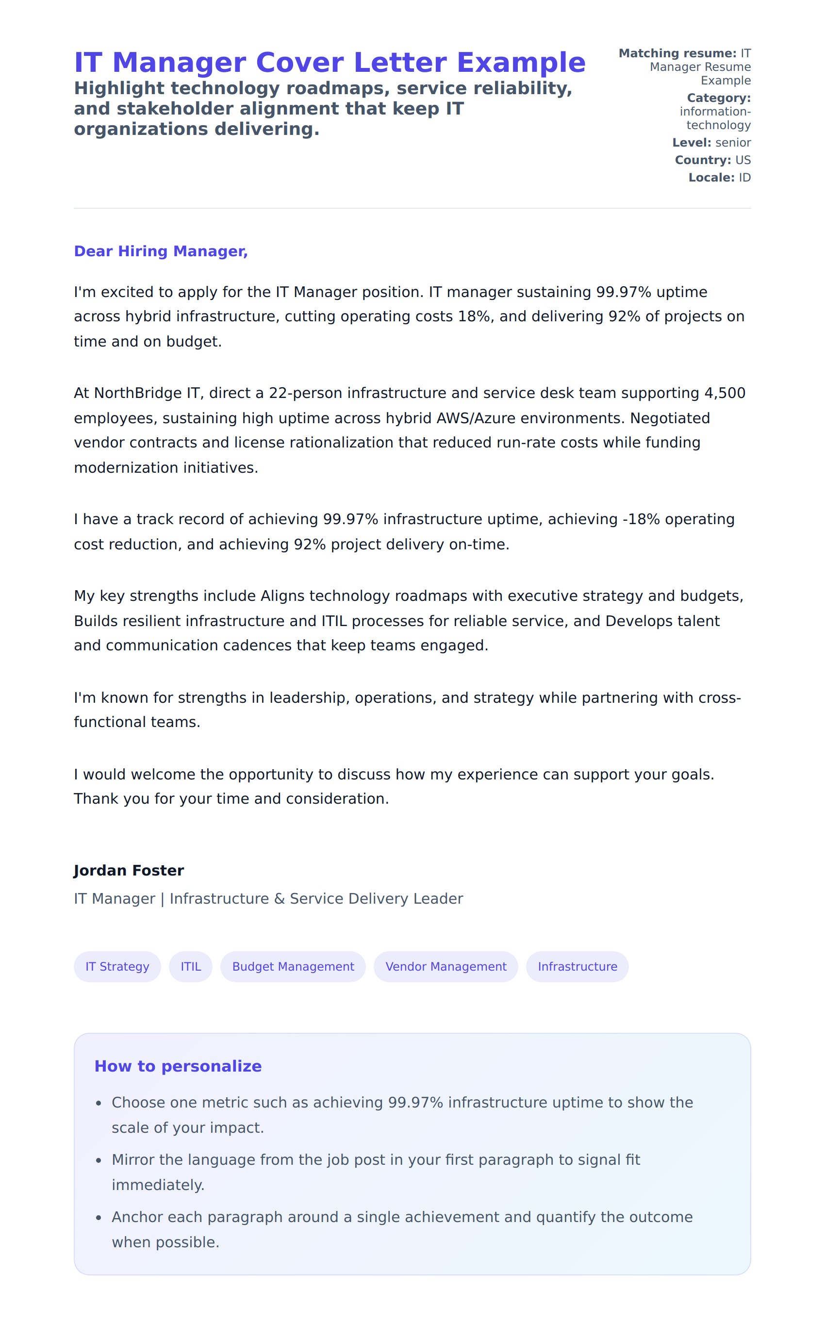 Cover Letter preview for IT Manager Cover Letter Example