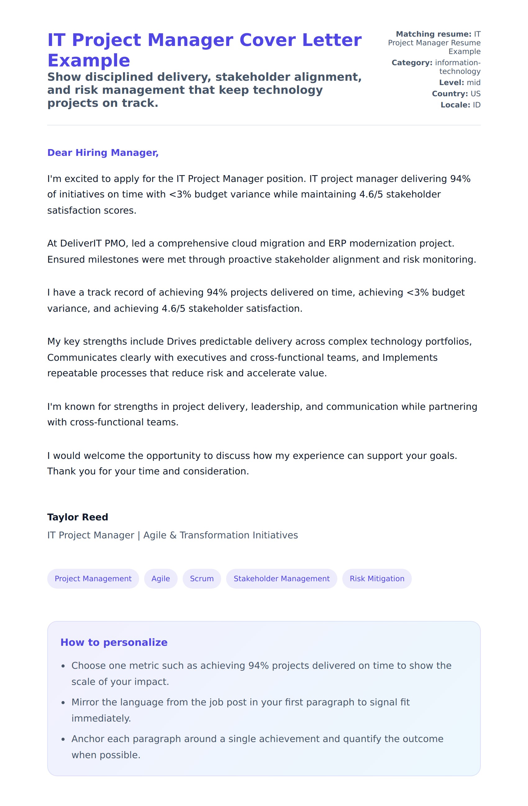 Cover Letter preview for IT Project Manager Cover Letter Example