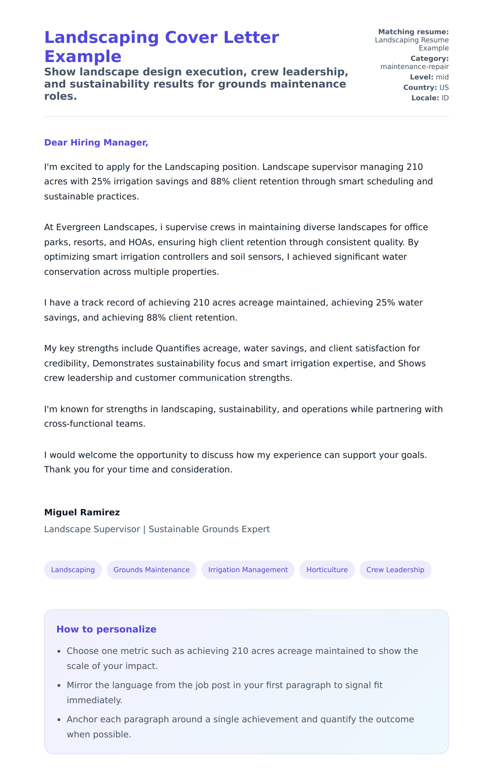 Landscaping Cover Letter Example