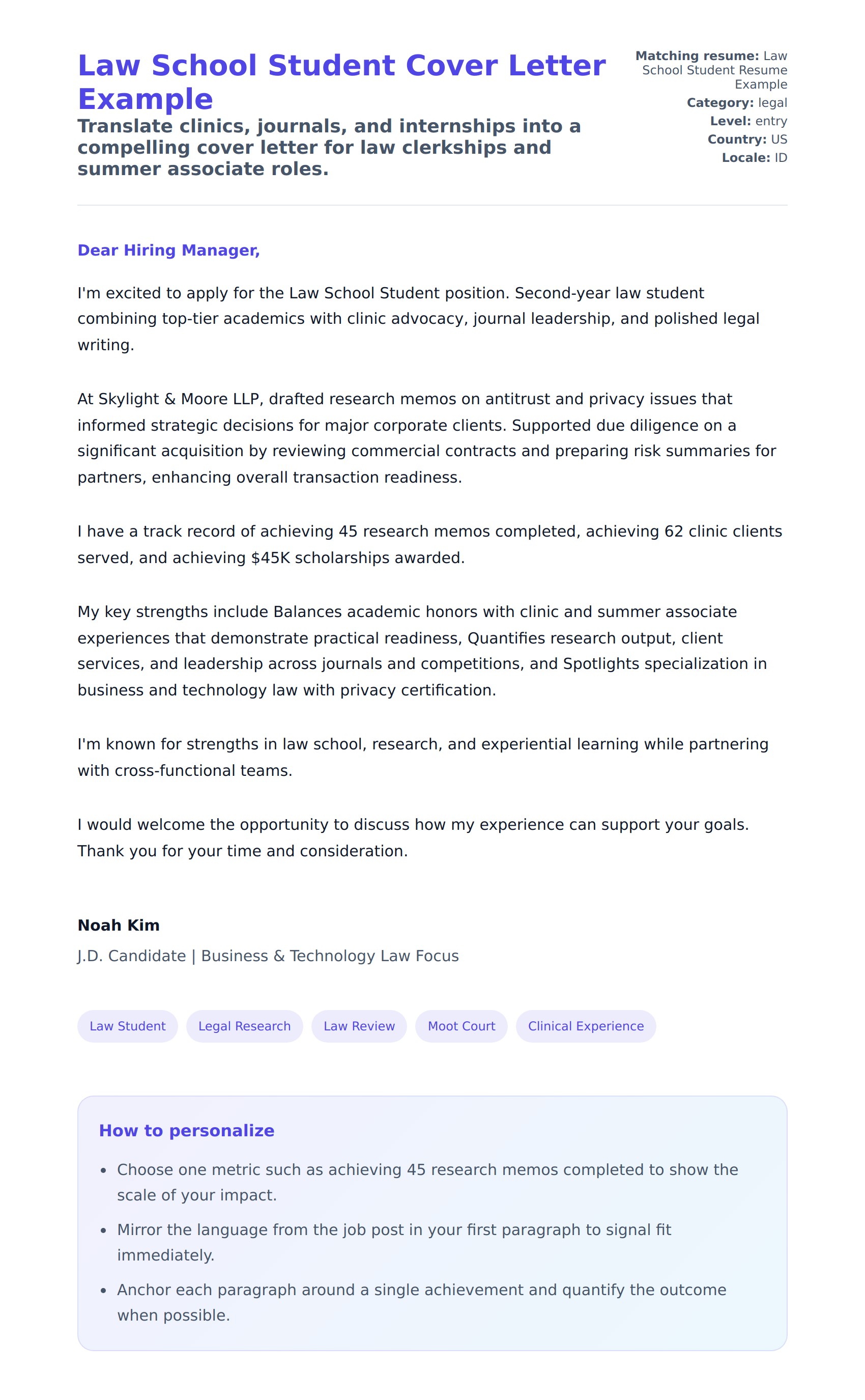 Law School Student Cover Letter Example