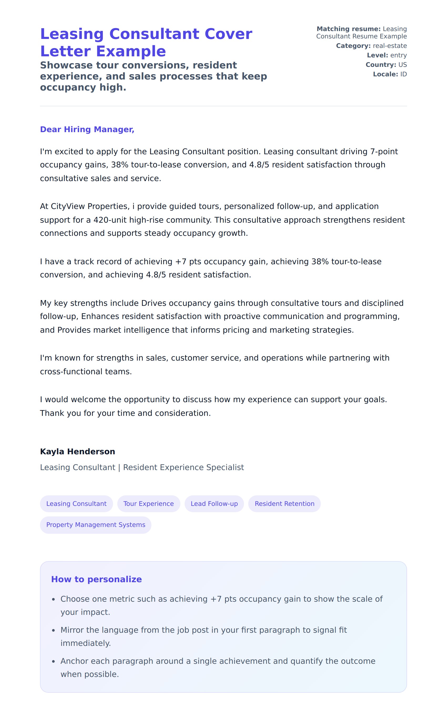 Cover Letter preview for Leasing Consultant Cover Letter Example