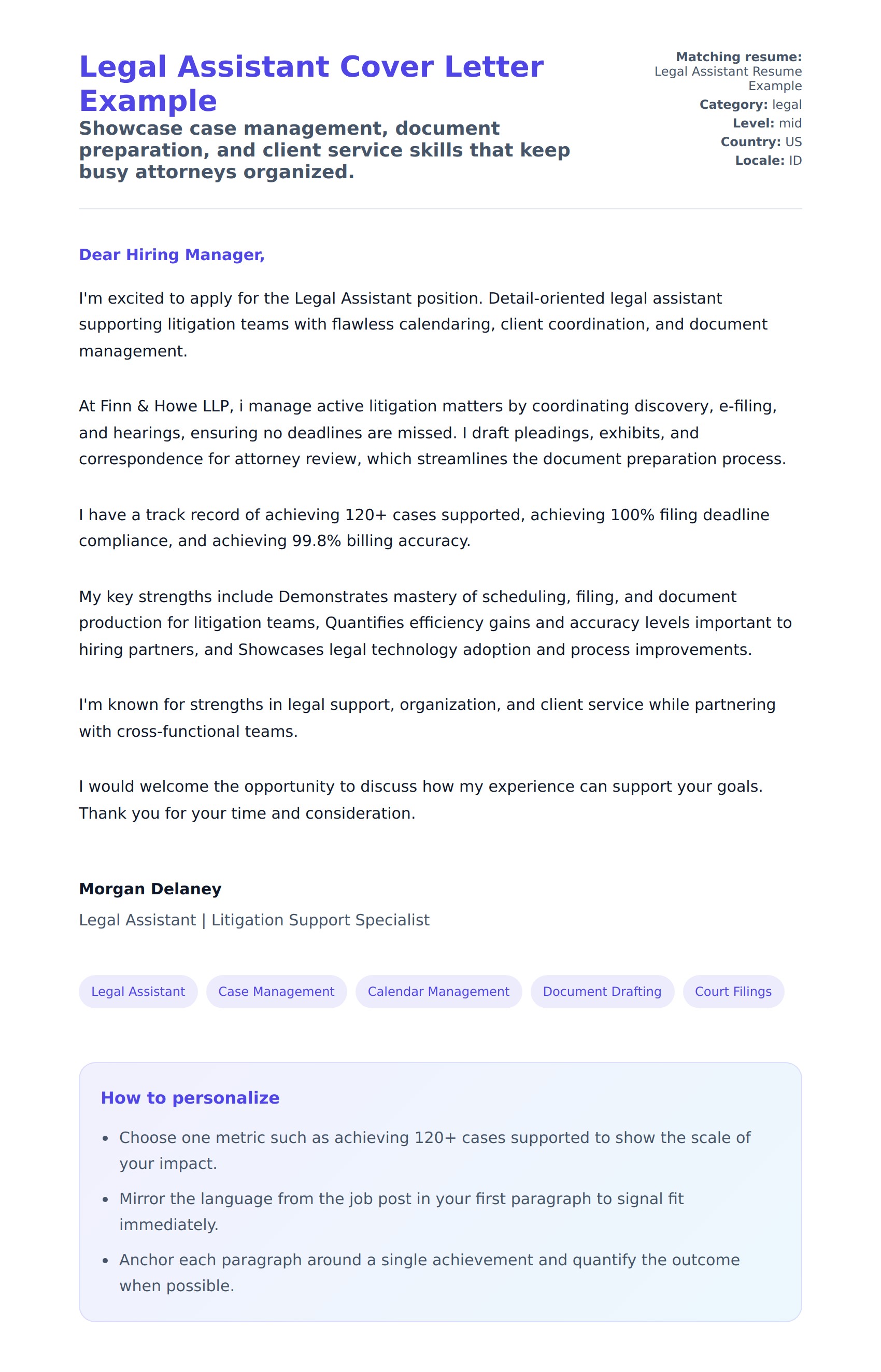 Legal Assistant Cover Letter Example