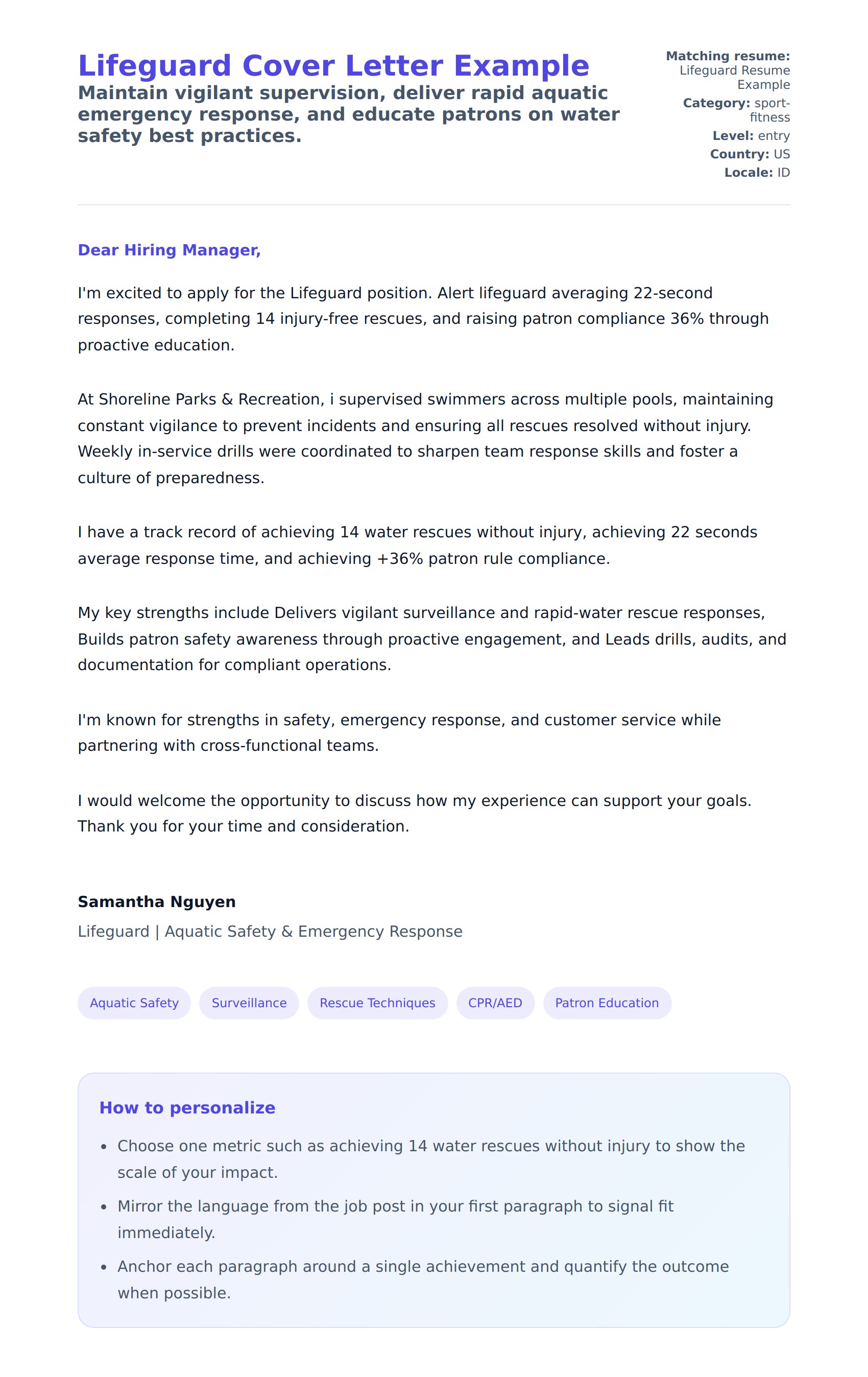 Cover Letter preview for Lifeguard Cover Letter Example