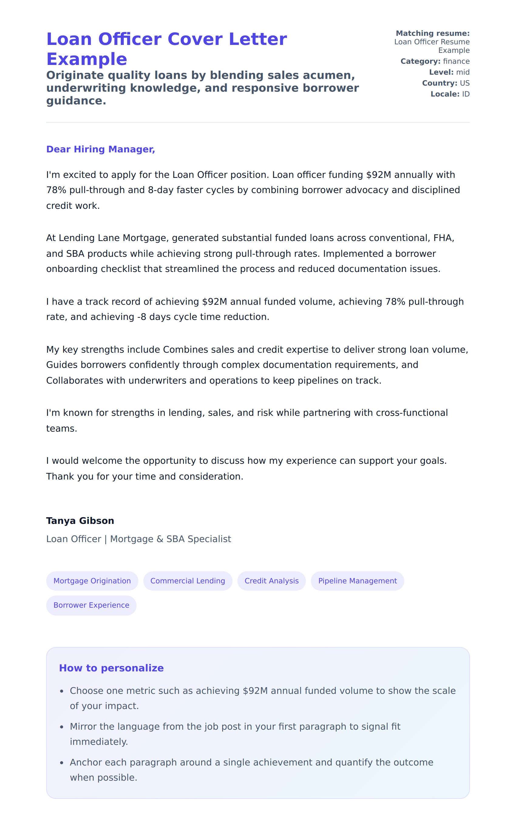 Cover Letter preview for Loan Officer Cover Letter Example