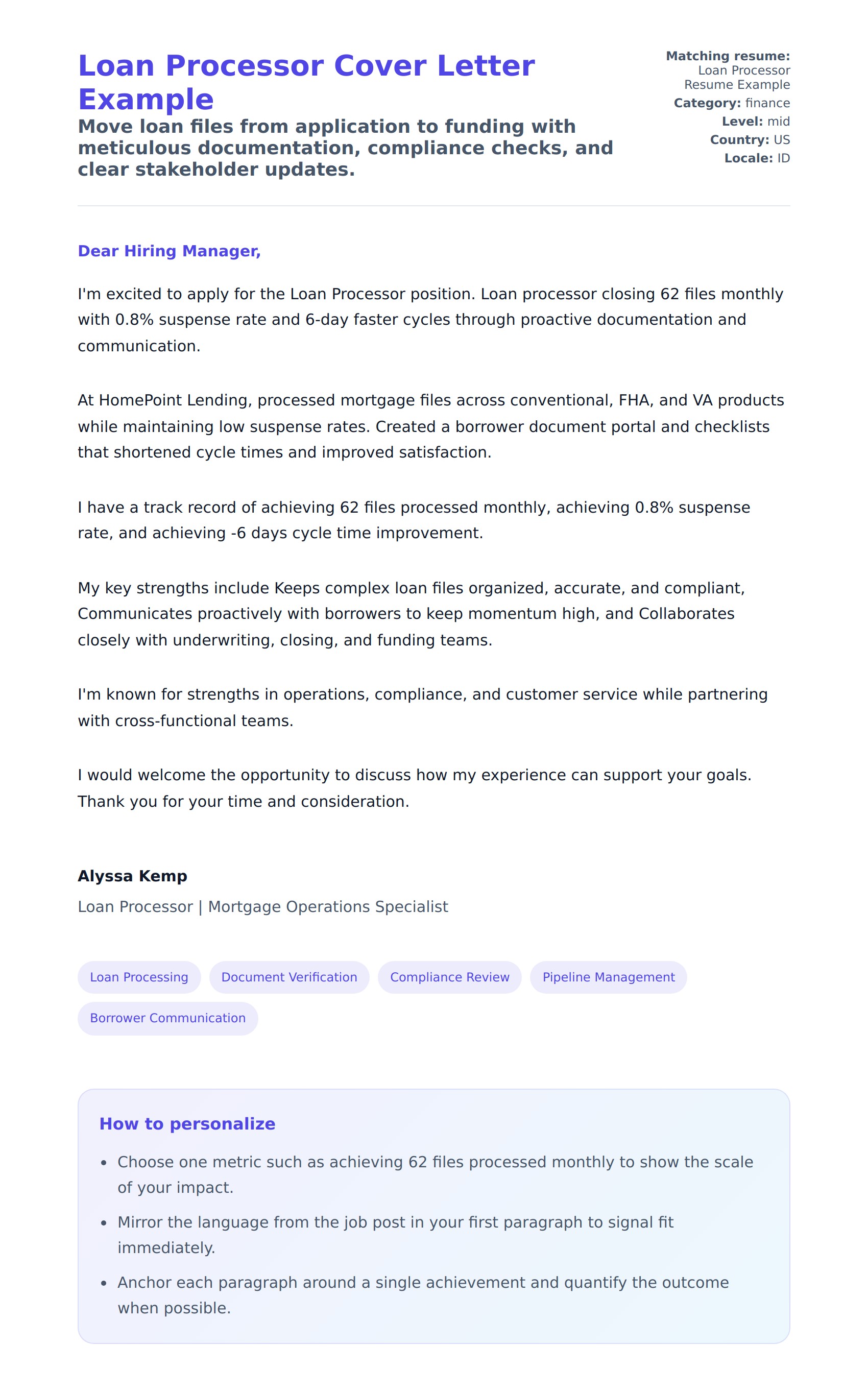 Cover Letter preview for Loan Processor Cover Letter Example