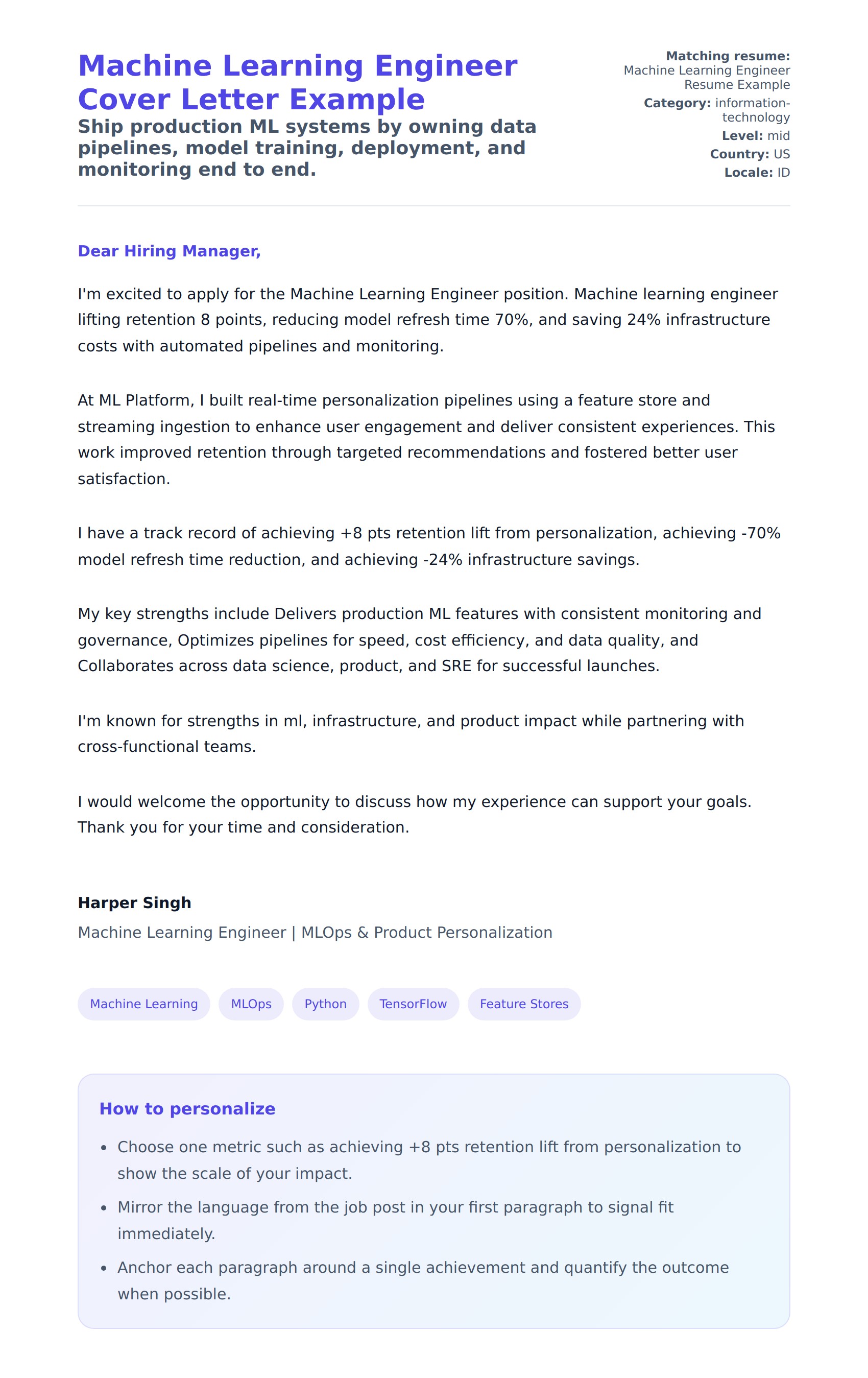 Cover Letter preview for Machine Learning Engineer Cover Letter Example