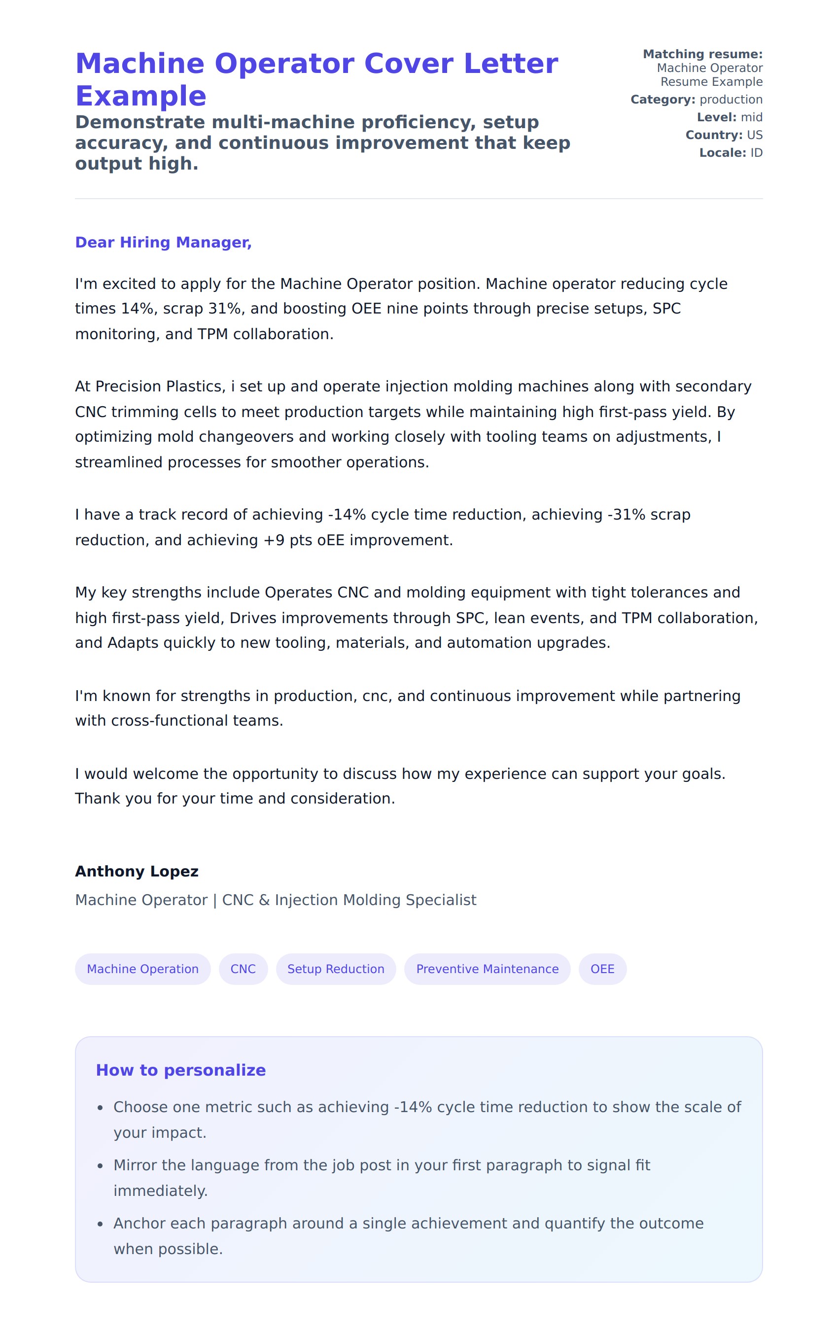Cover Letter preview for Machine Operator Cover Letter Example