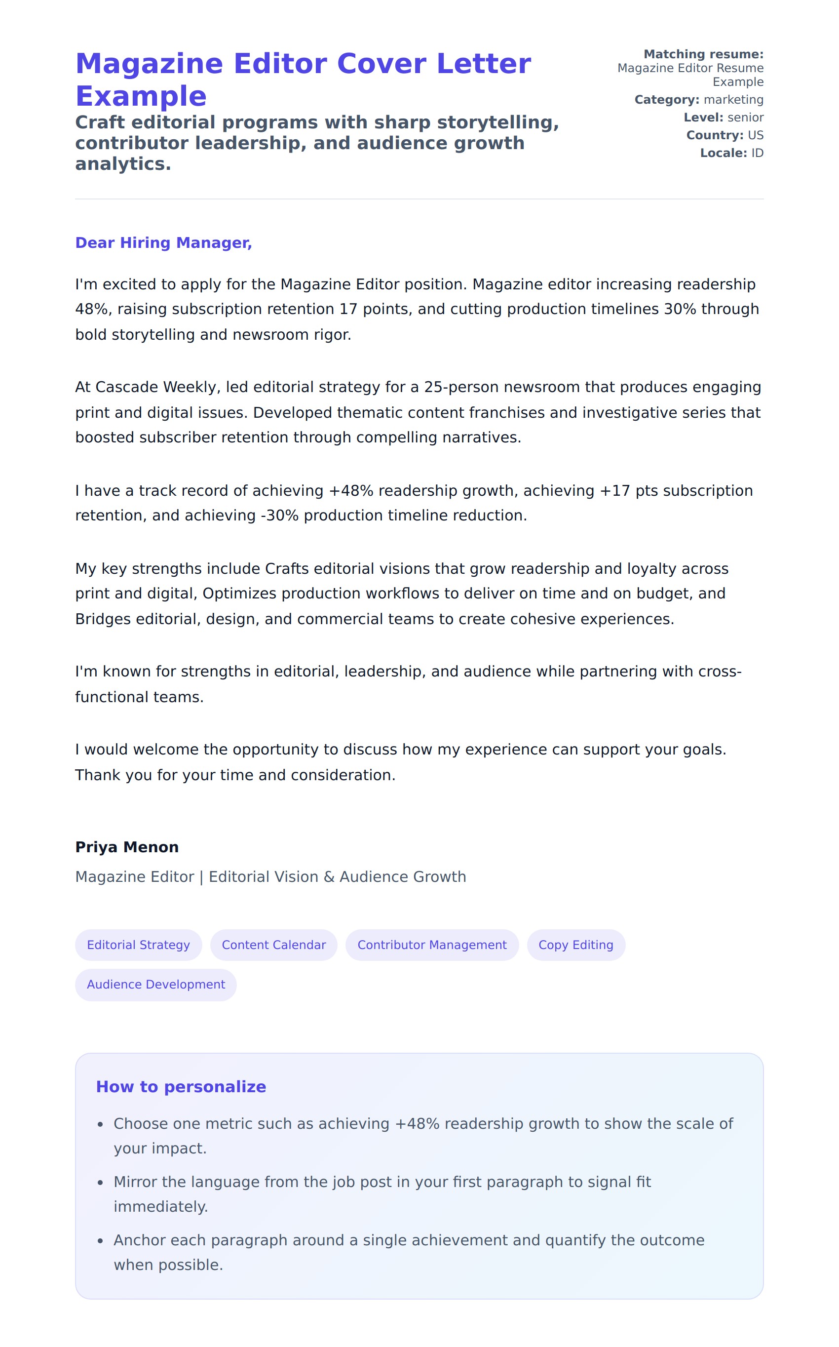 Cover Letter preview for Magazine Editor Cover Letter Example