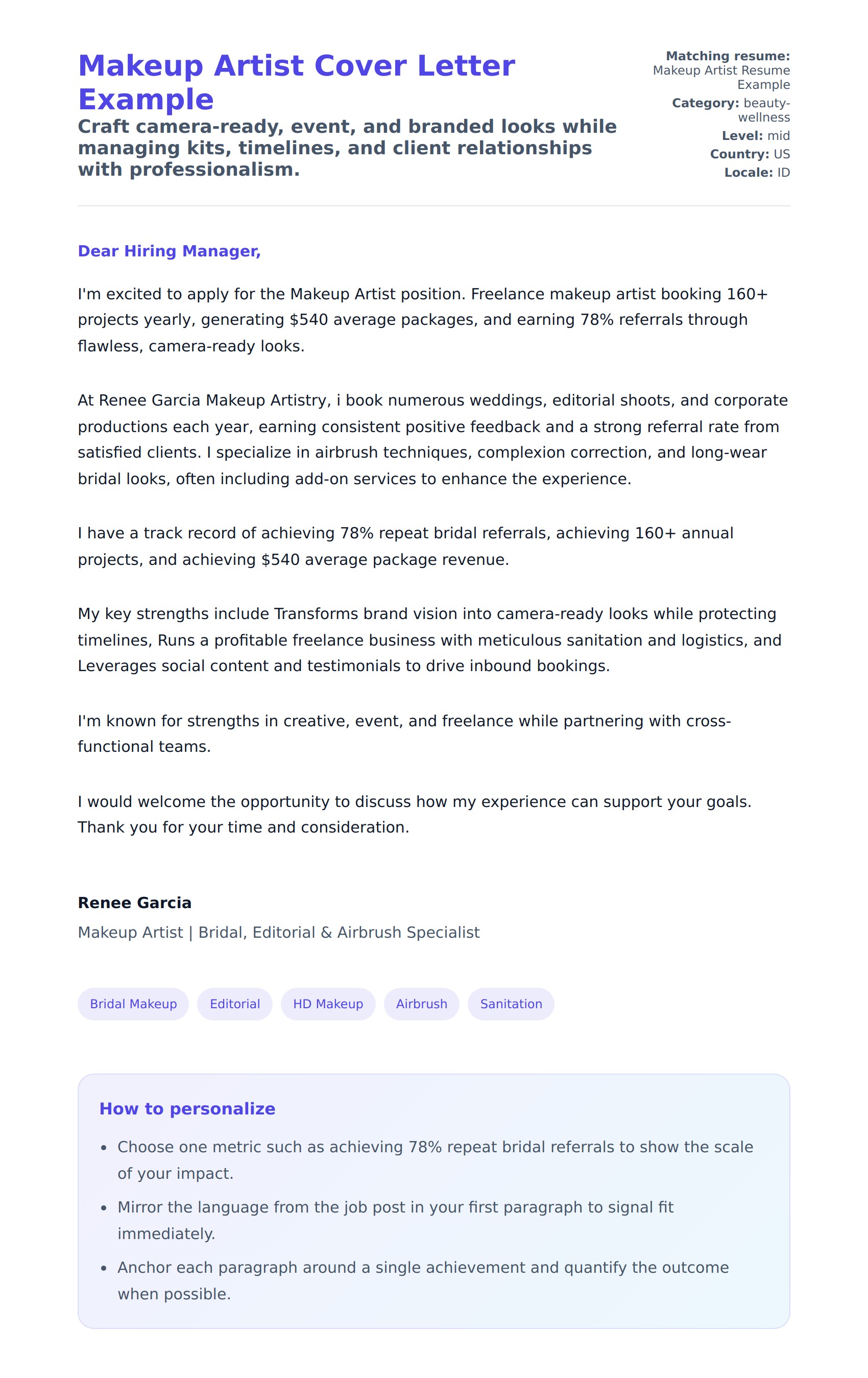 Makeup Artist Cover Letter Example