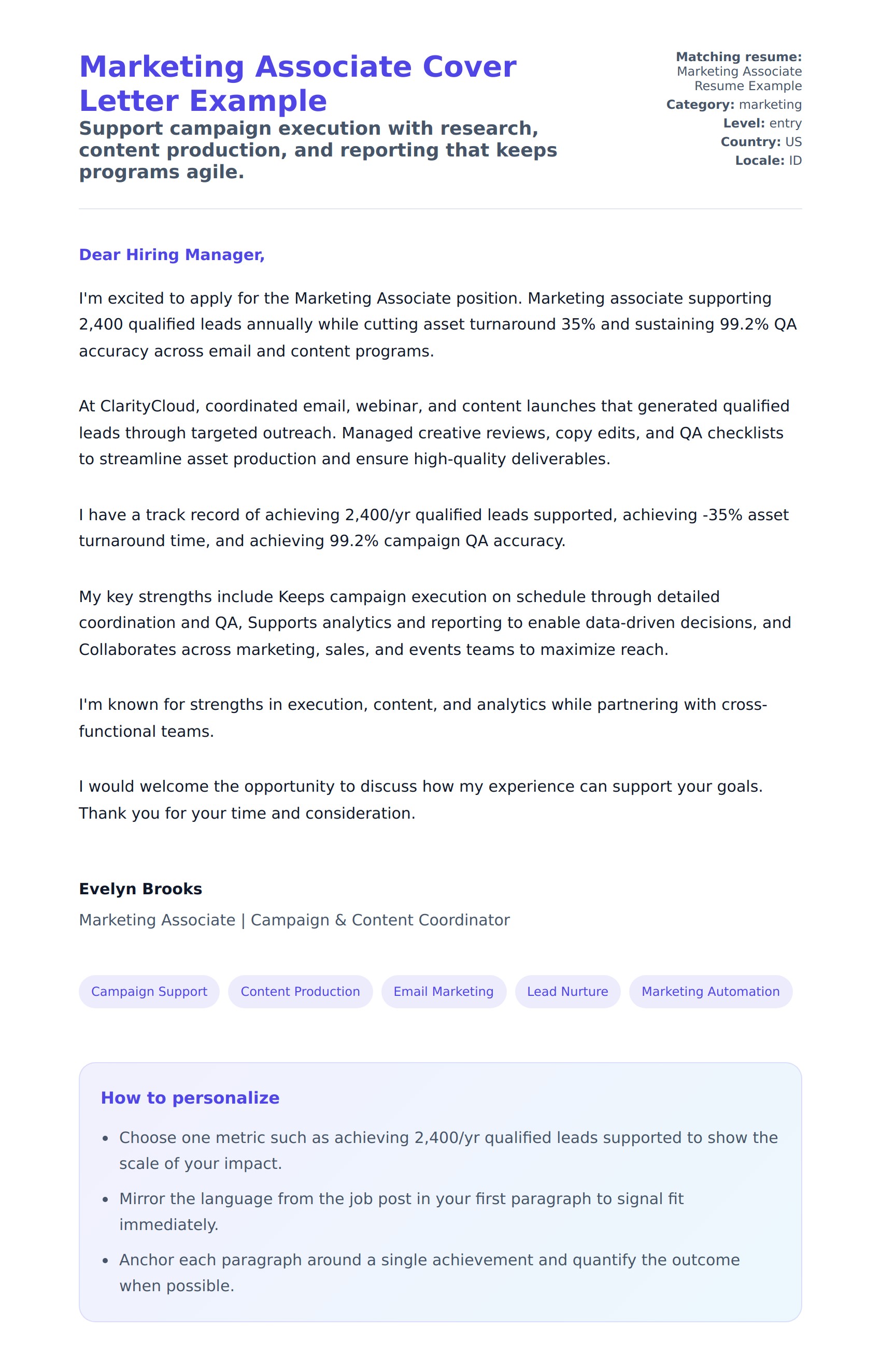 Cover Letter preview for Marketing Associate Cover Letter Example