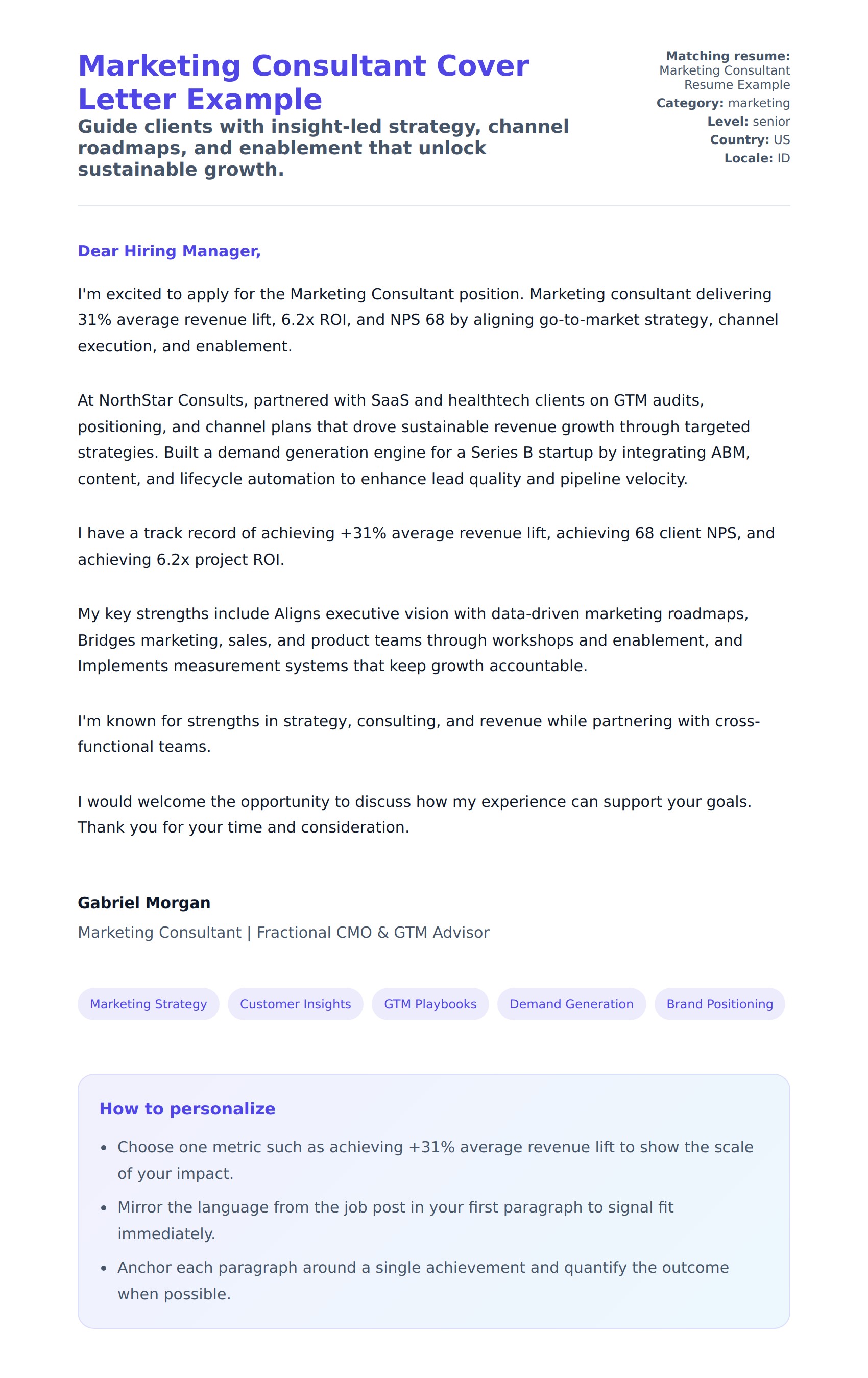 Cover Letter preview for Marketing Consultant Cover Letter Example