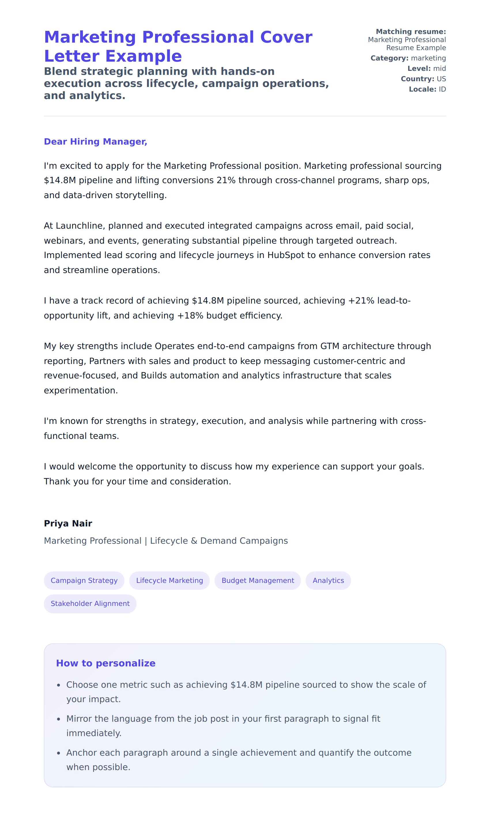 Marketing Professional Cover Letter Example