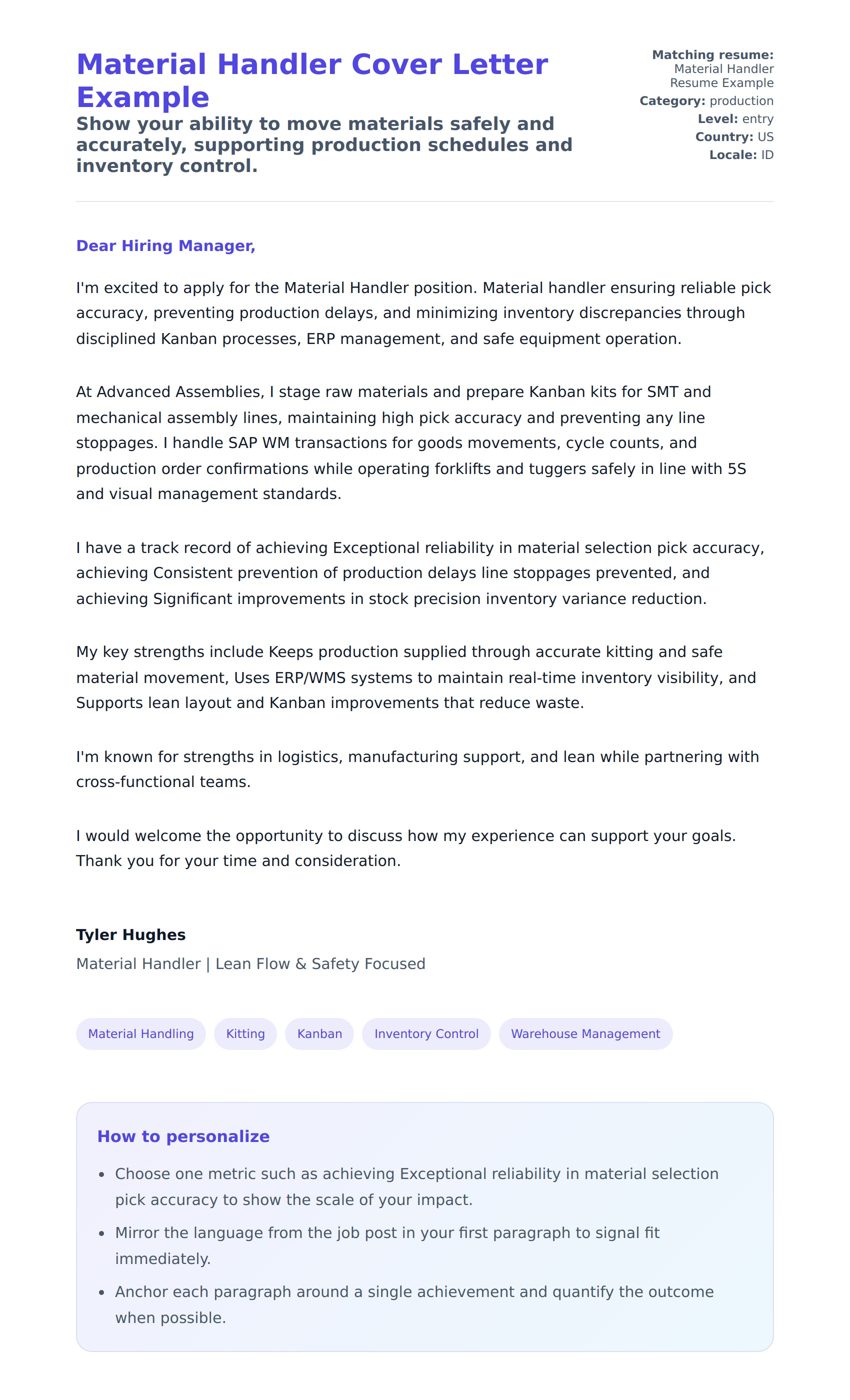 Cover Letter preview for Material Handler Cover Letter Example