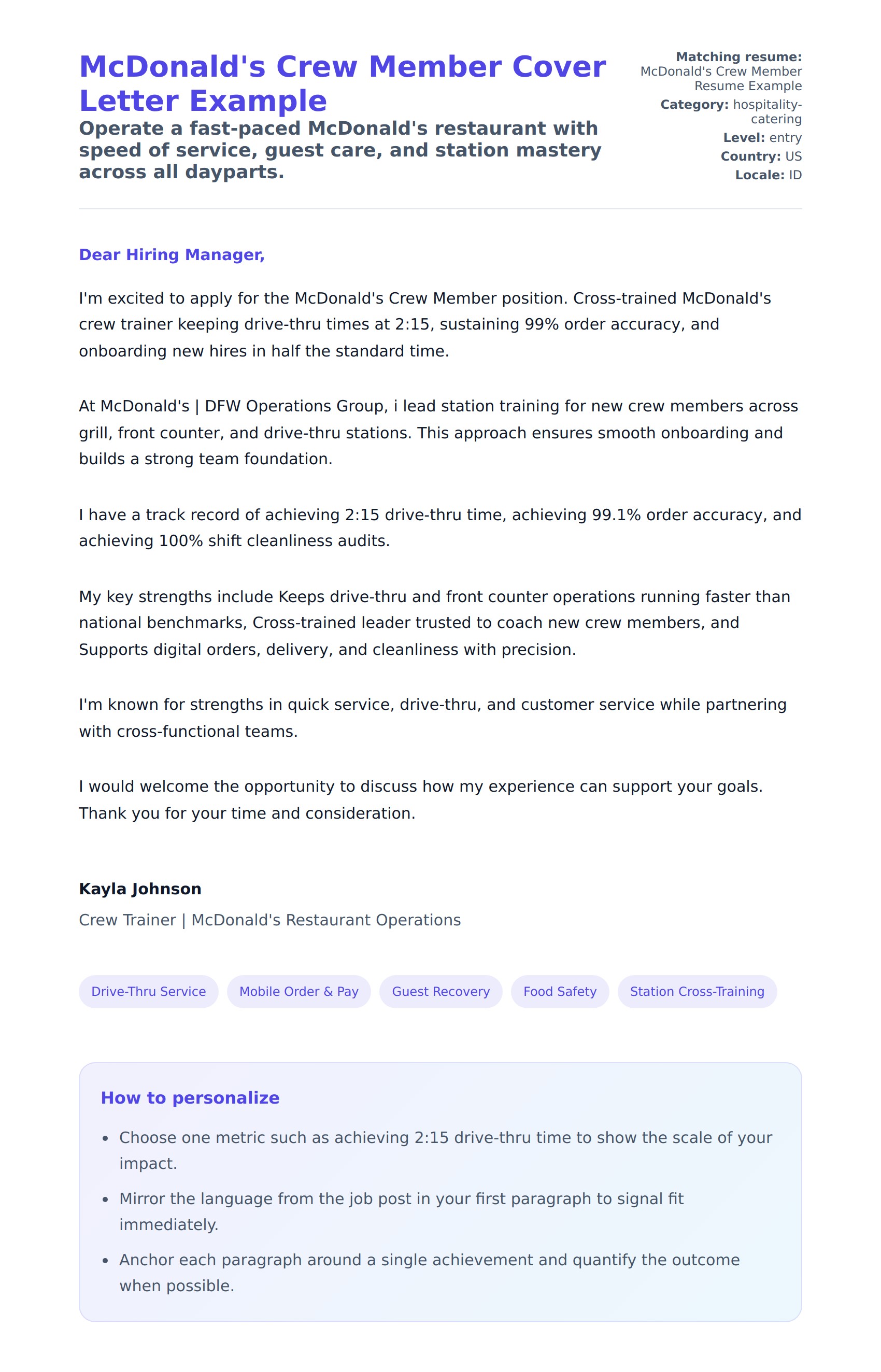 Cover Letter preview for McDonald's Crew Member Cover Letter Example