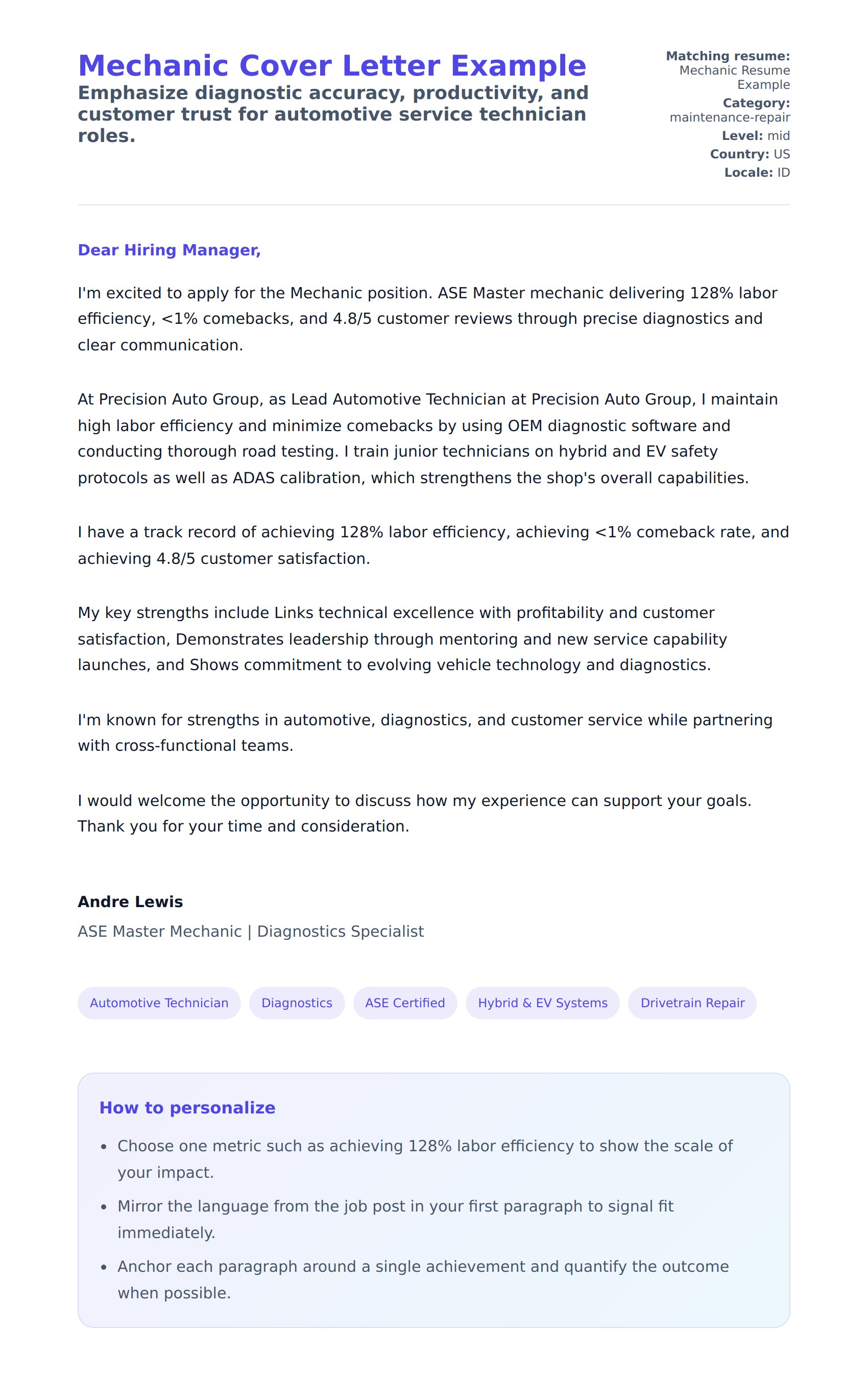 Mechanic Cover Letter Example