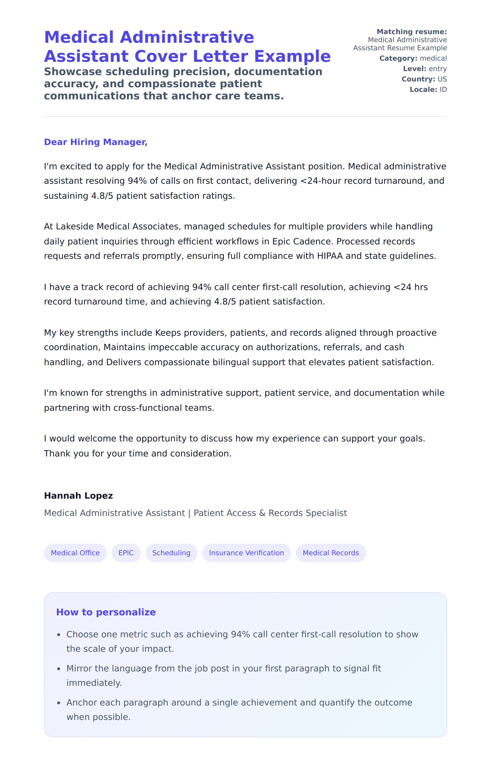 Cover Letter preview for Medical Administrative Assistant Cover Letter Example