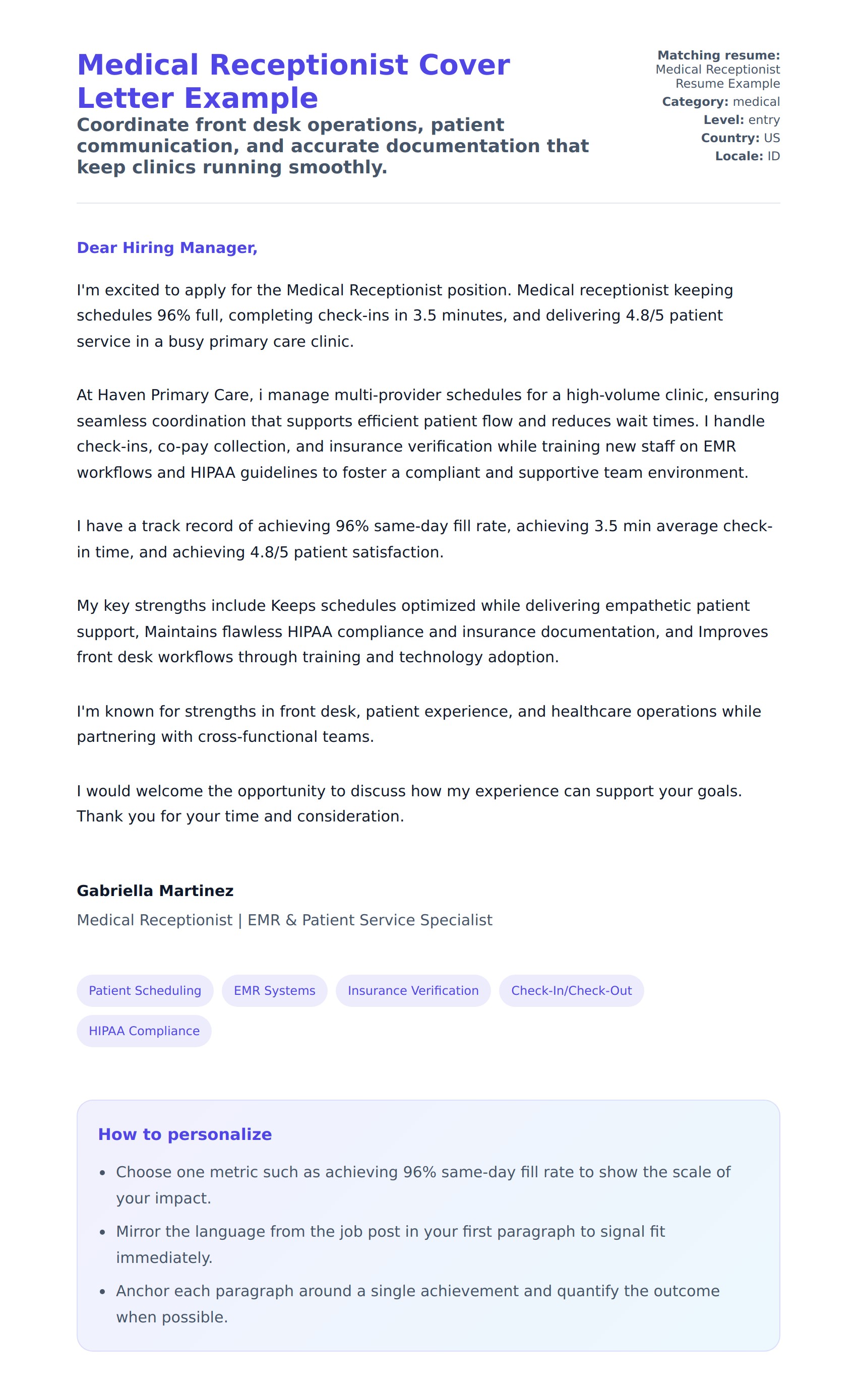 Cover Letter preview for Medical Receptionist Cover Letter Example