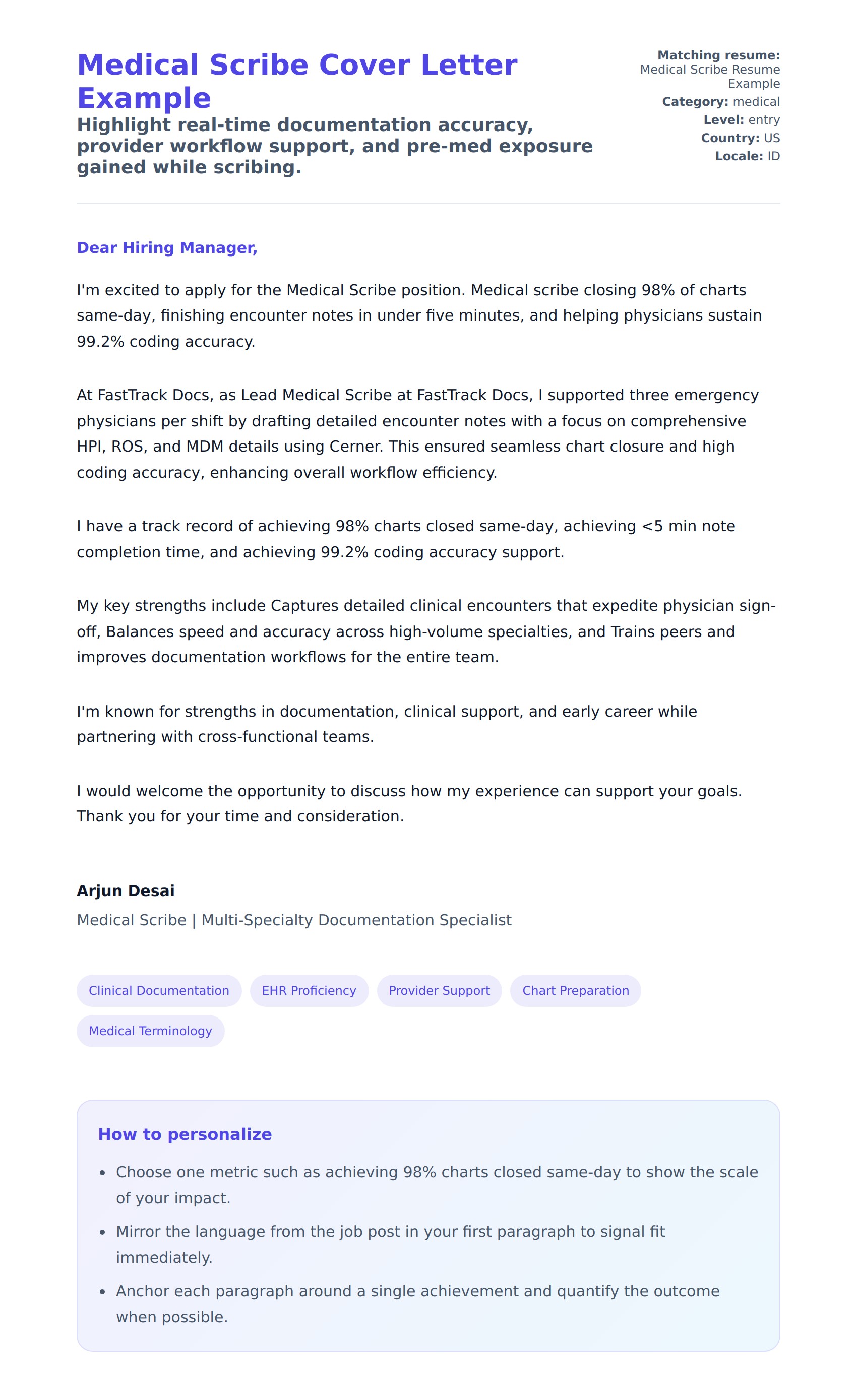 Cover Letter preview for Medical Scribe Cover Letter Example