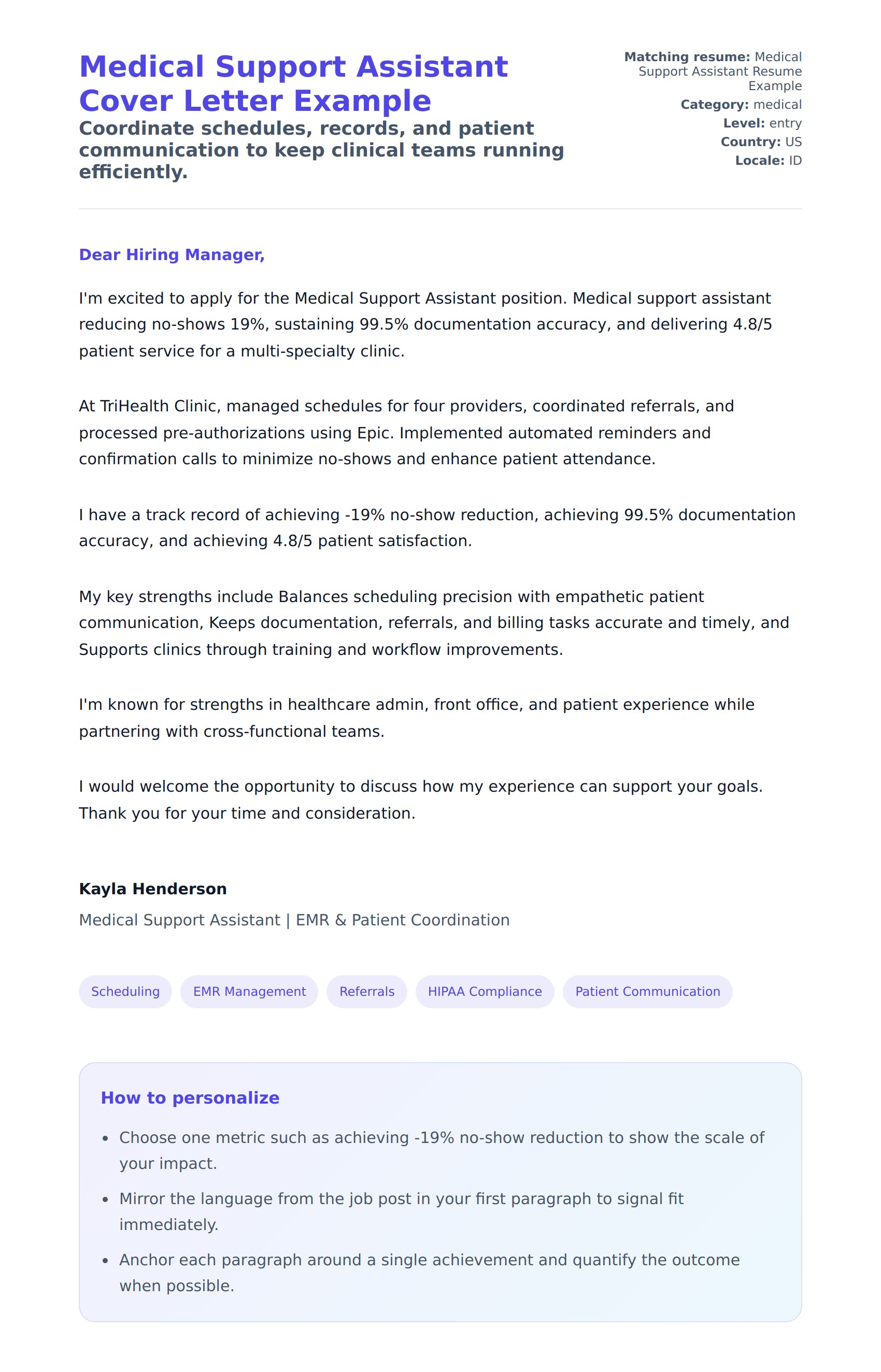 Cover Letter preview for Medical Support Assistant Cover Letter Example