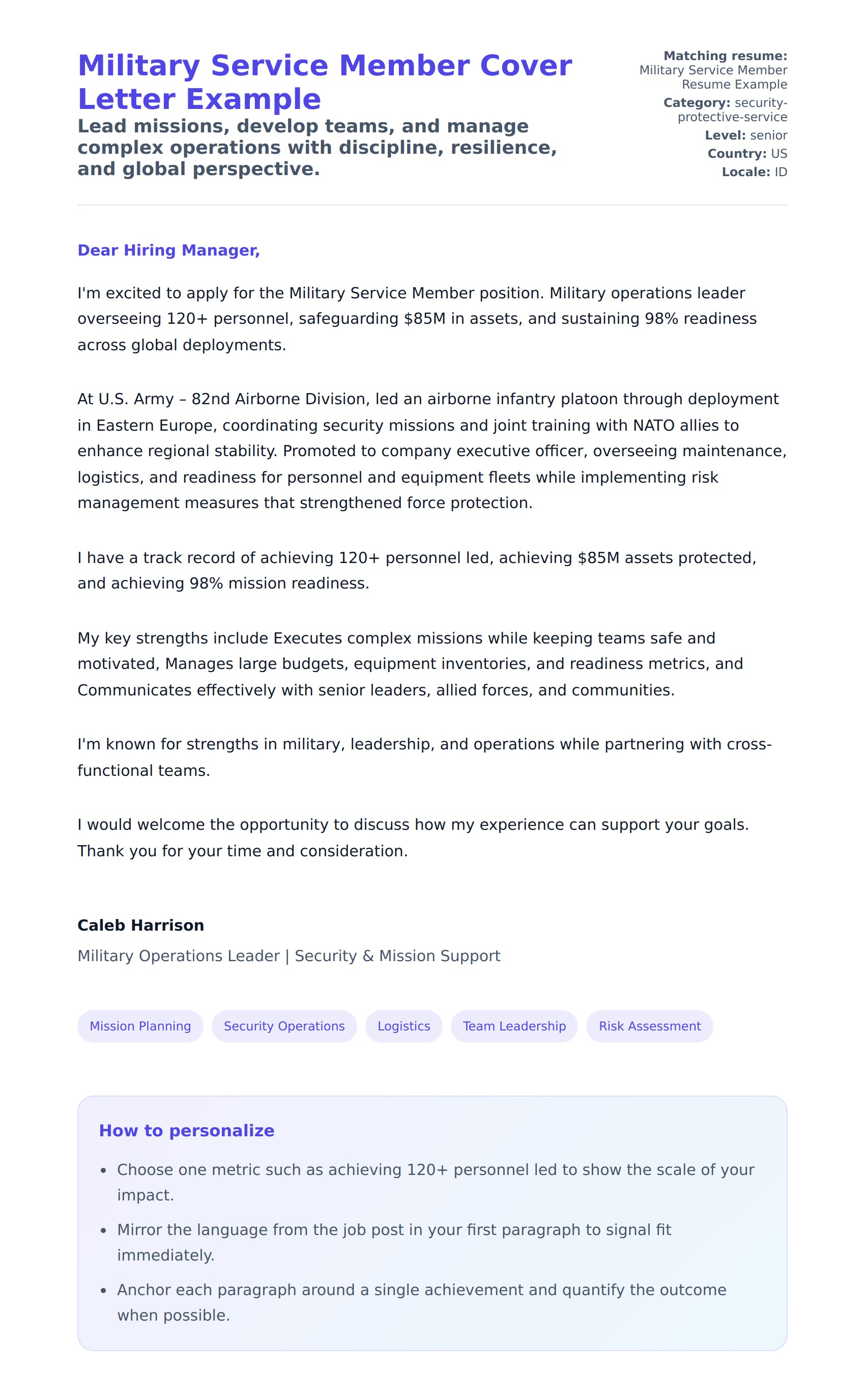 Military Service Member Cover Letter Example