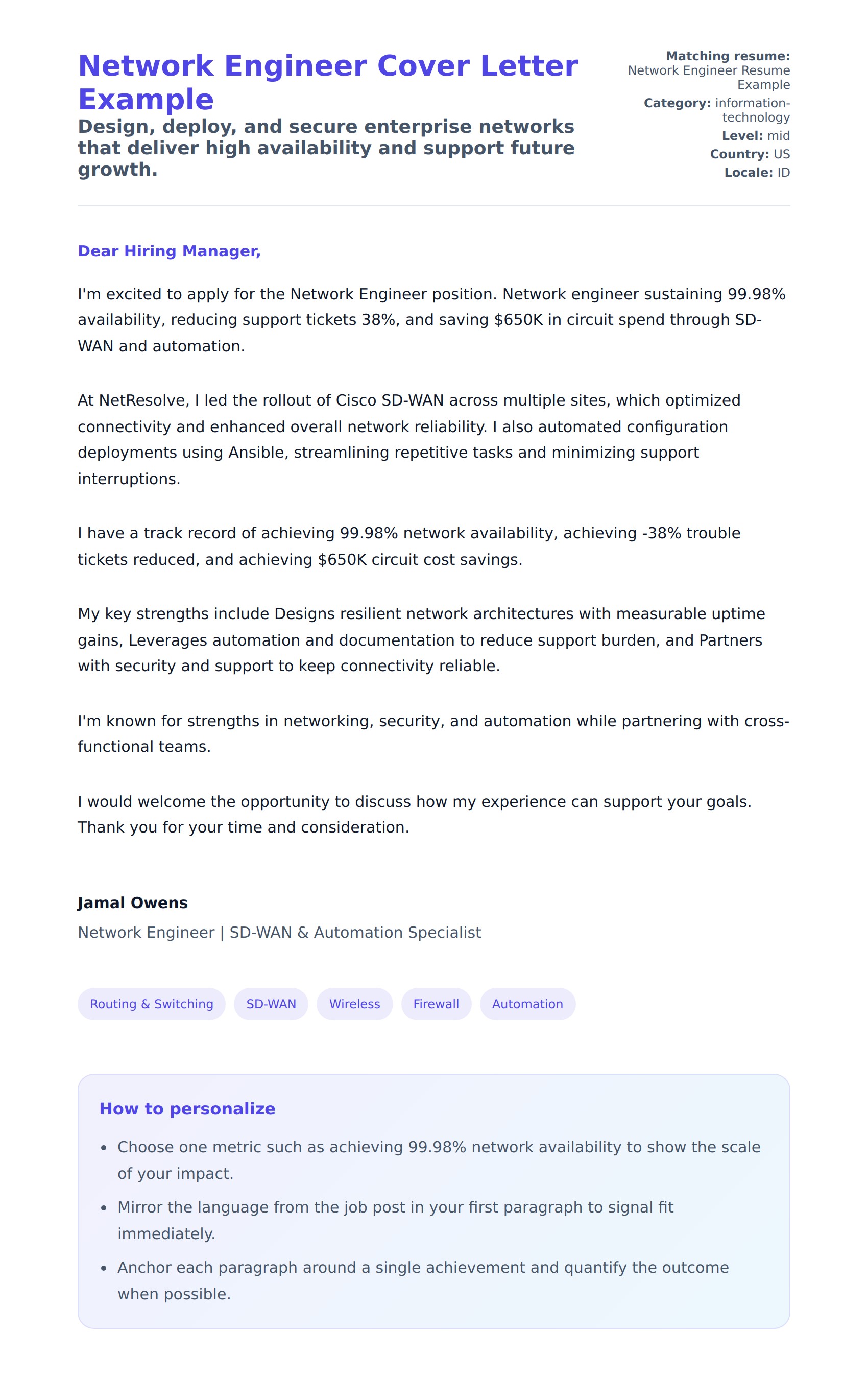 Cover Letter preview for Network Engineer Cover Letter Example