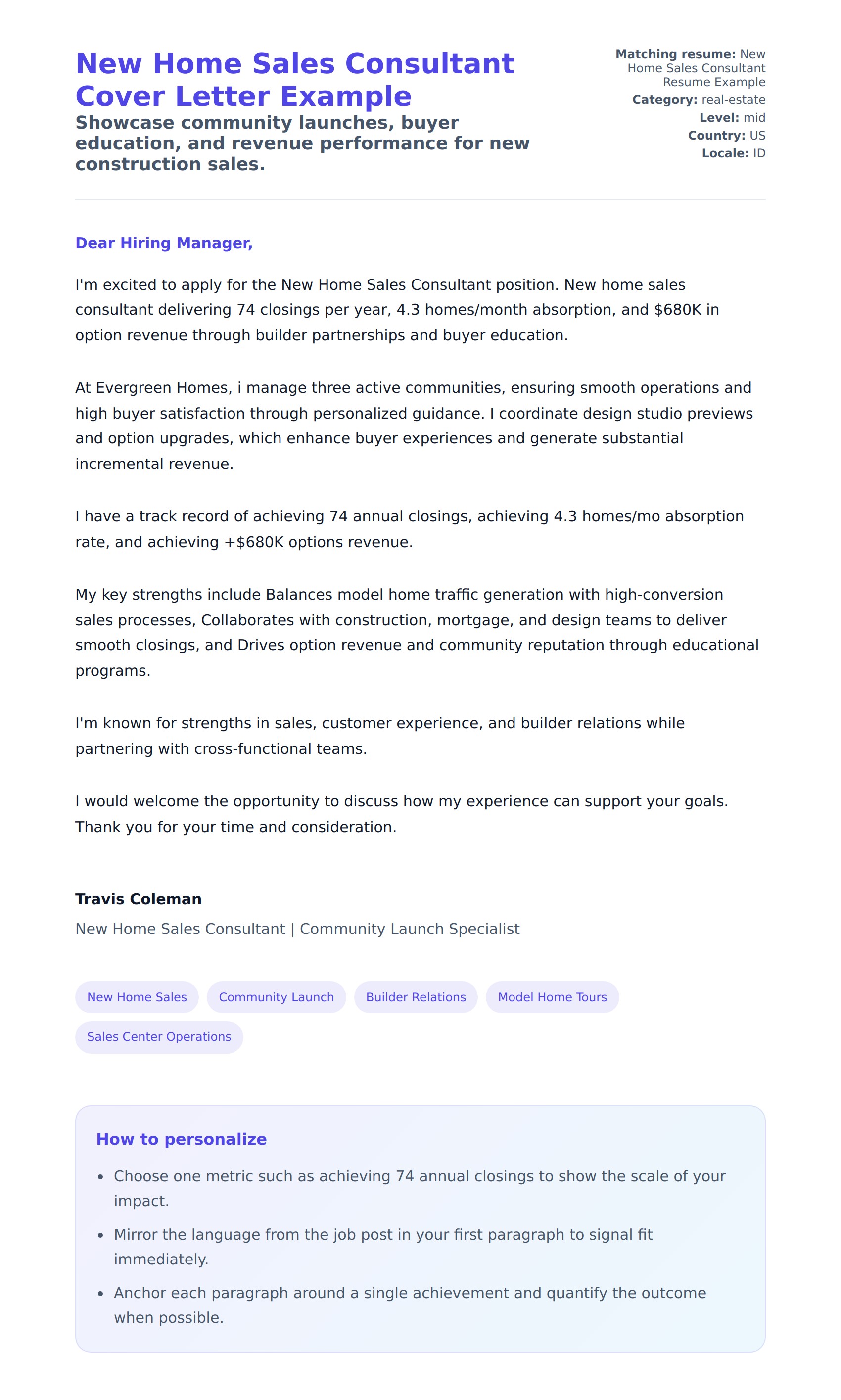 New Home Sales Consultant Cover Letter Example