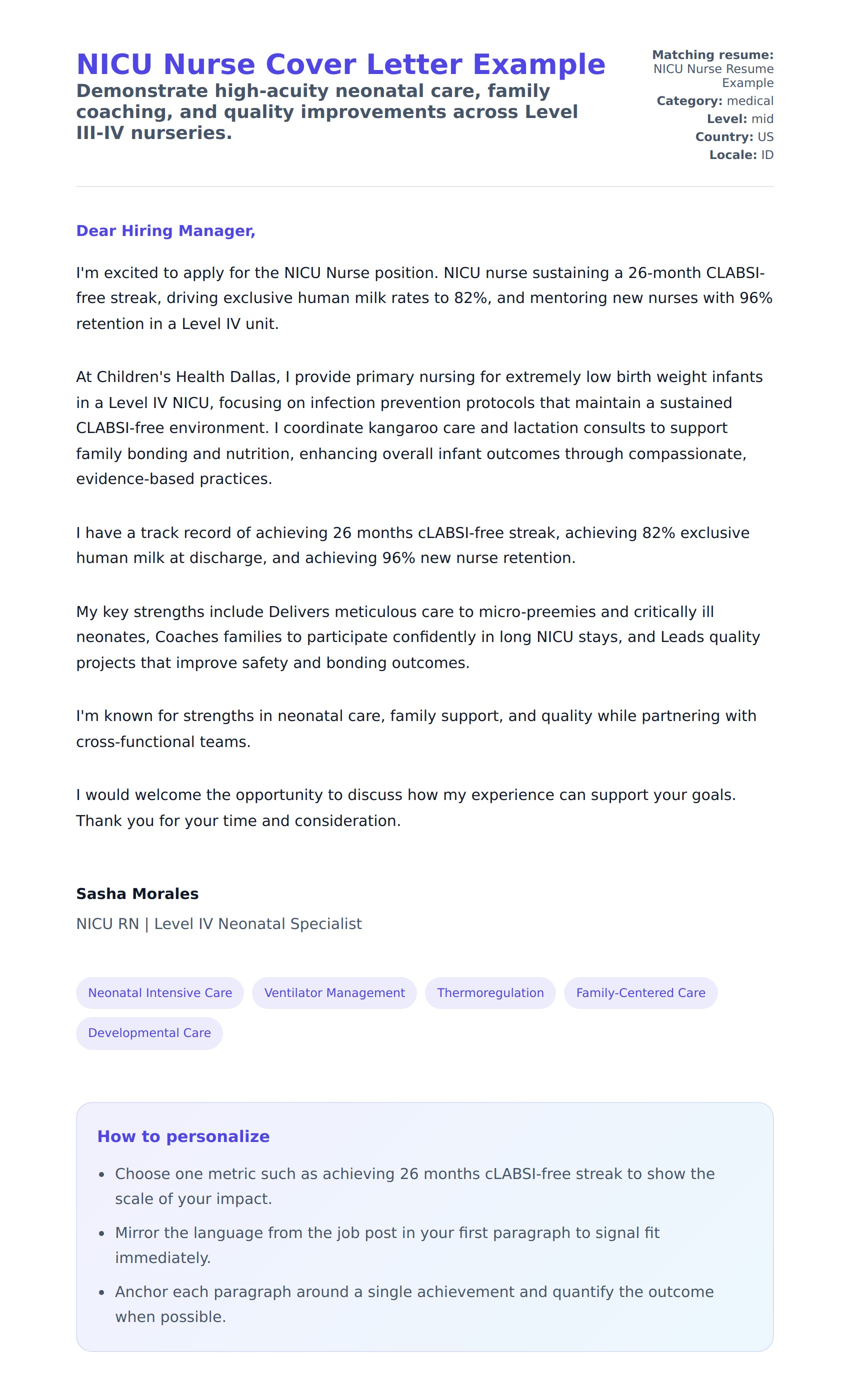NICU Nurse Cover Letter Example