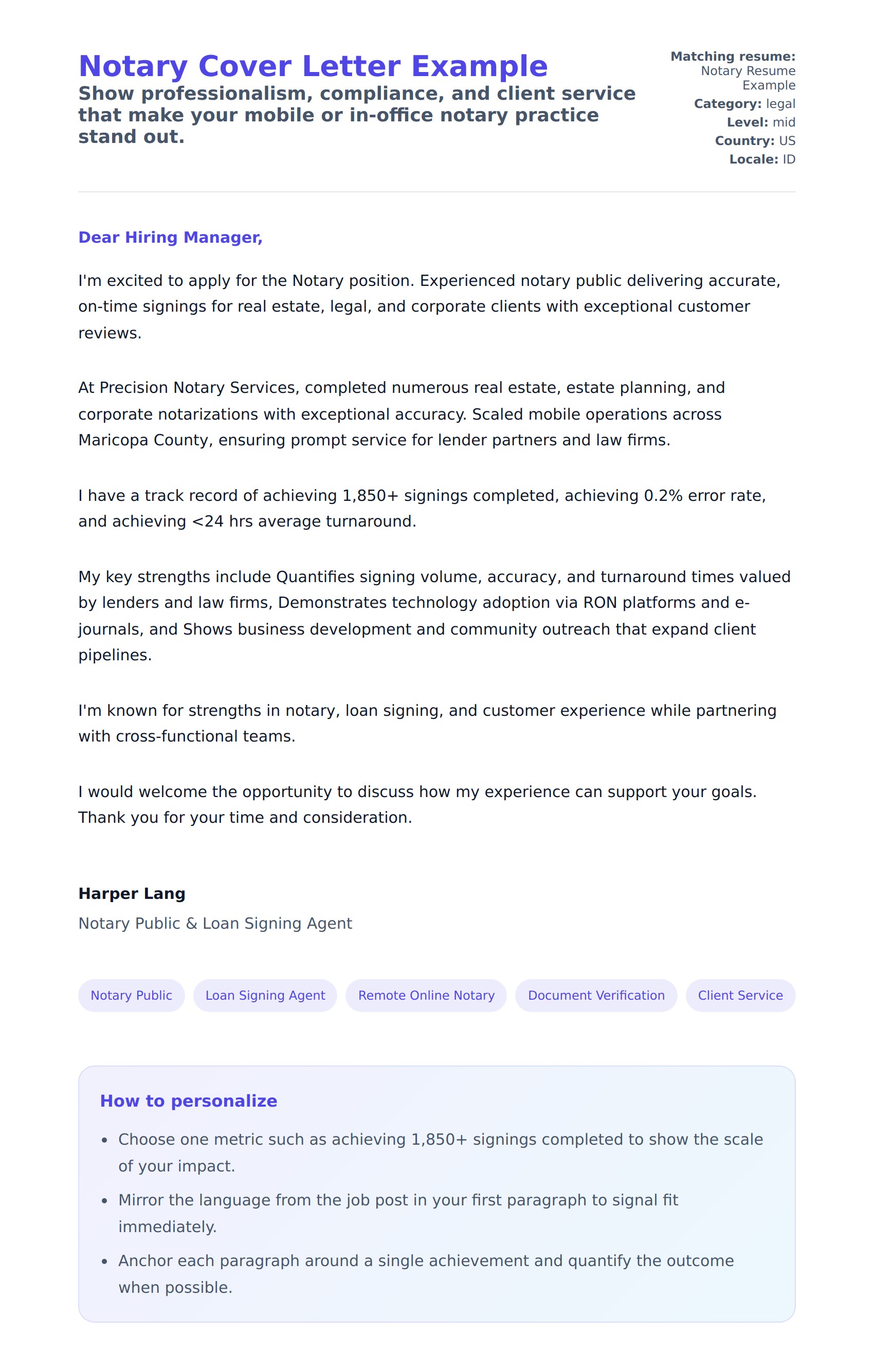Cover Letter preview for Notary Cover Letter Example