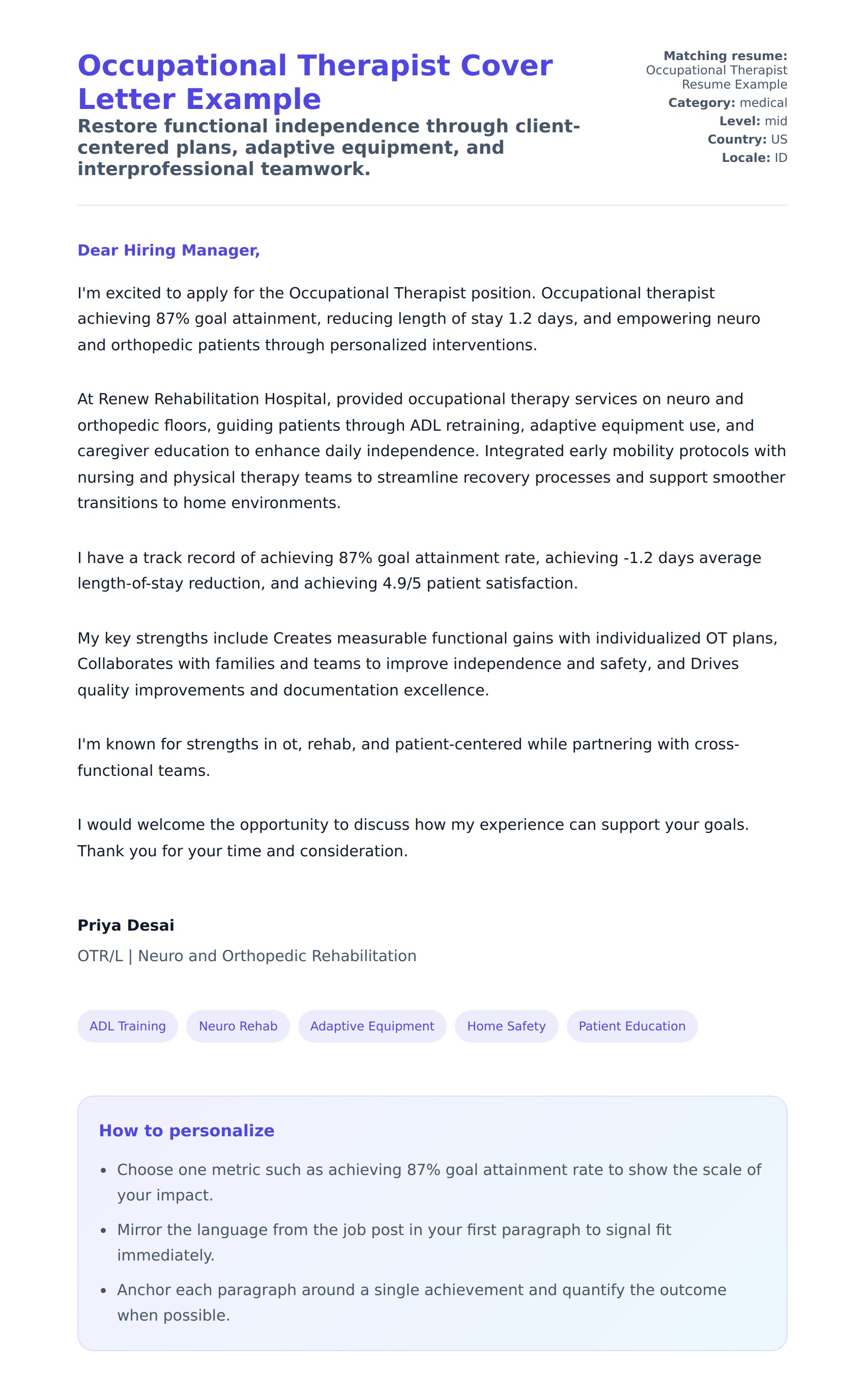 Cover Letter preview for Occupational Therapist Cover Letter Example