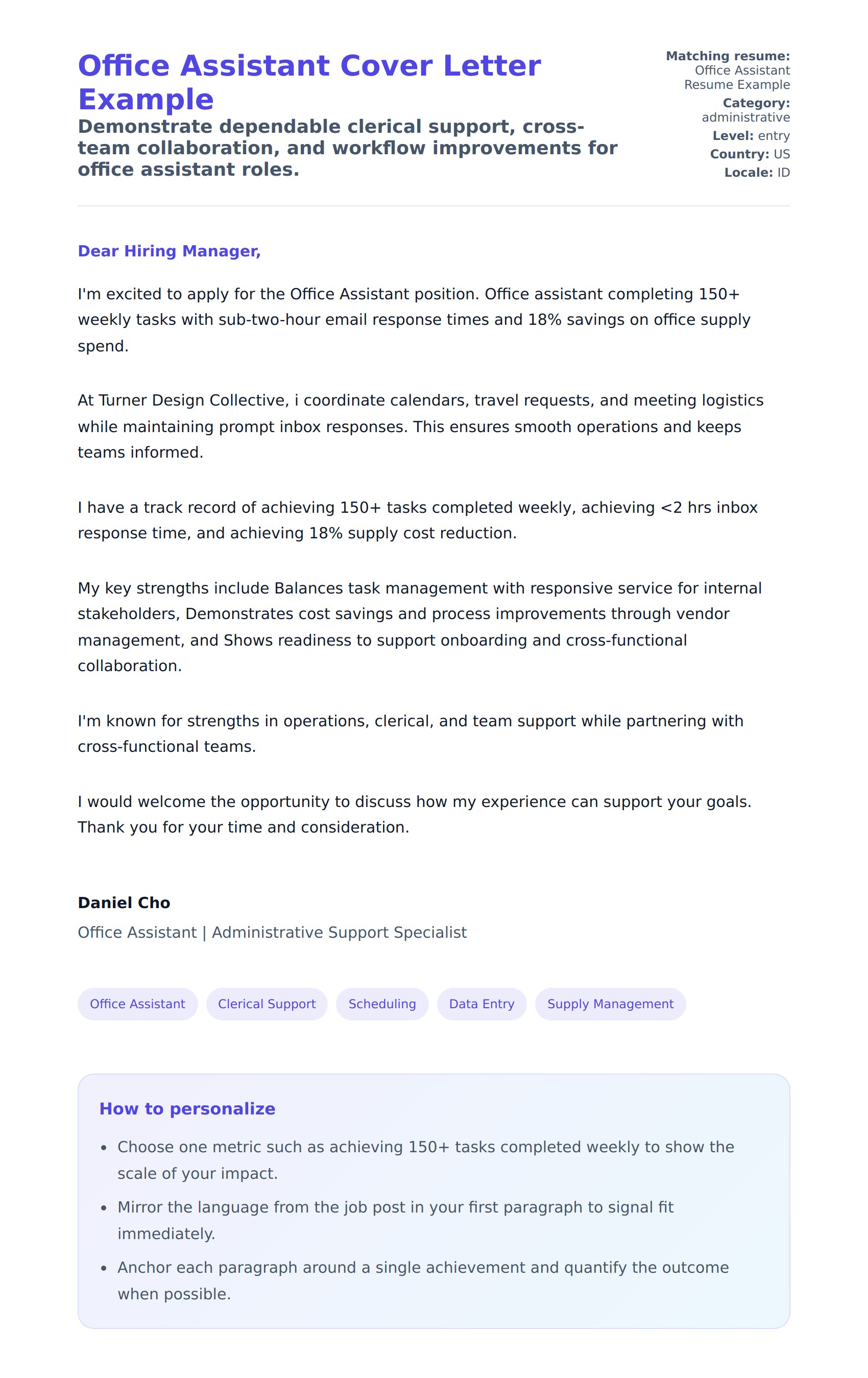 Office Assistant Cover Letter Example
