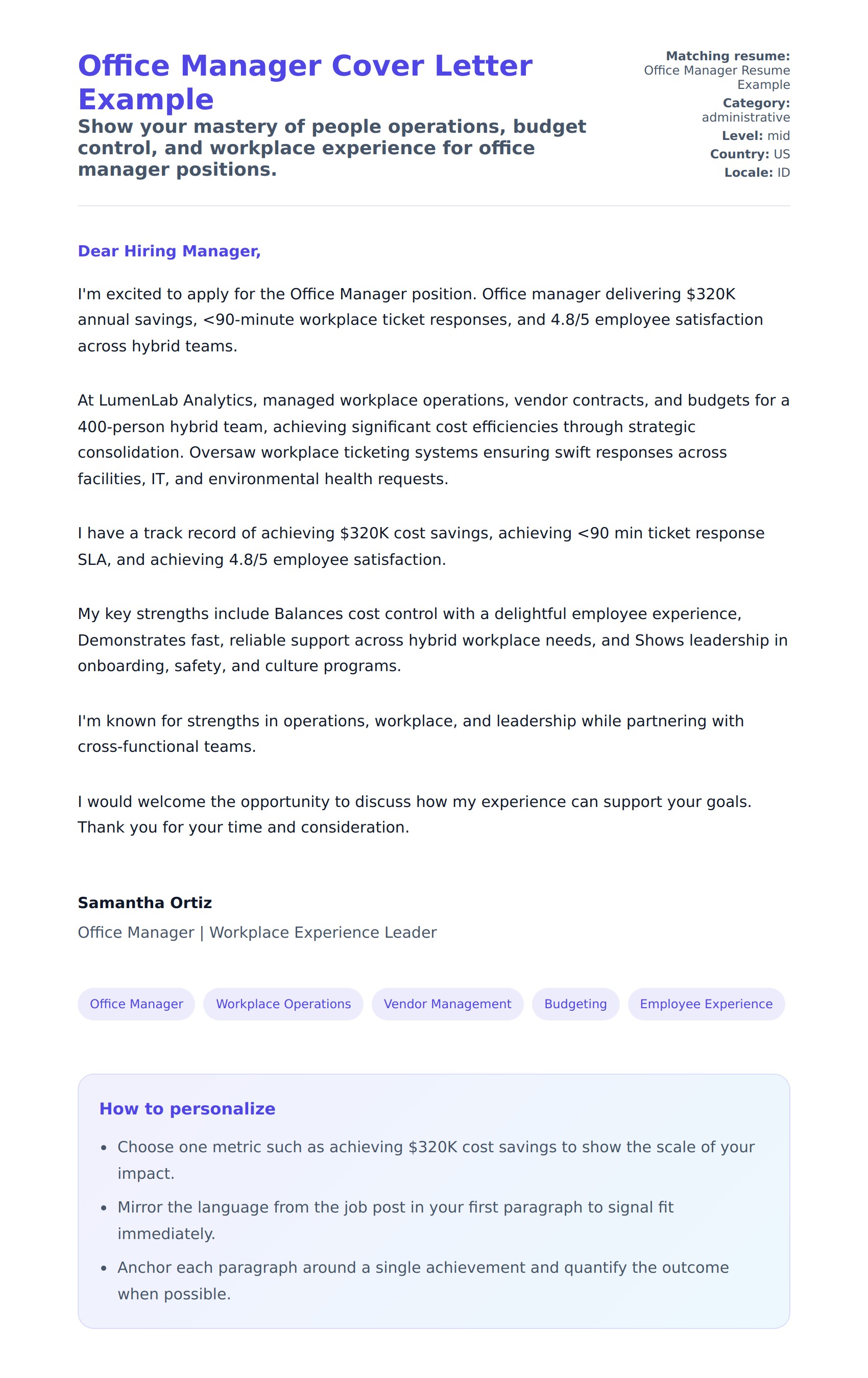 Cover Letter preview for Office Manager Cover Letter Example