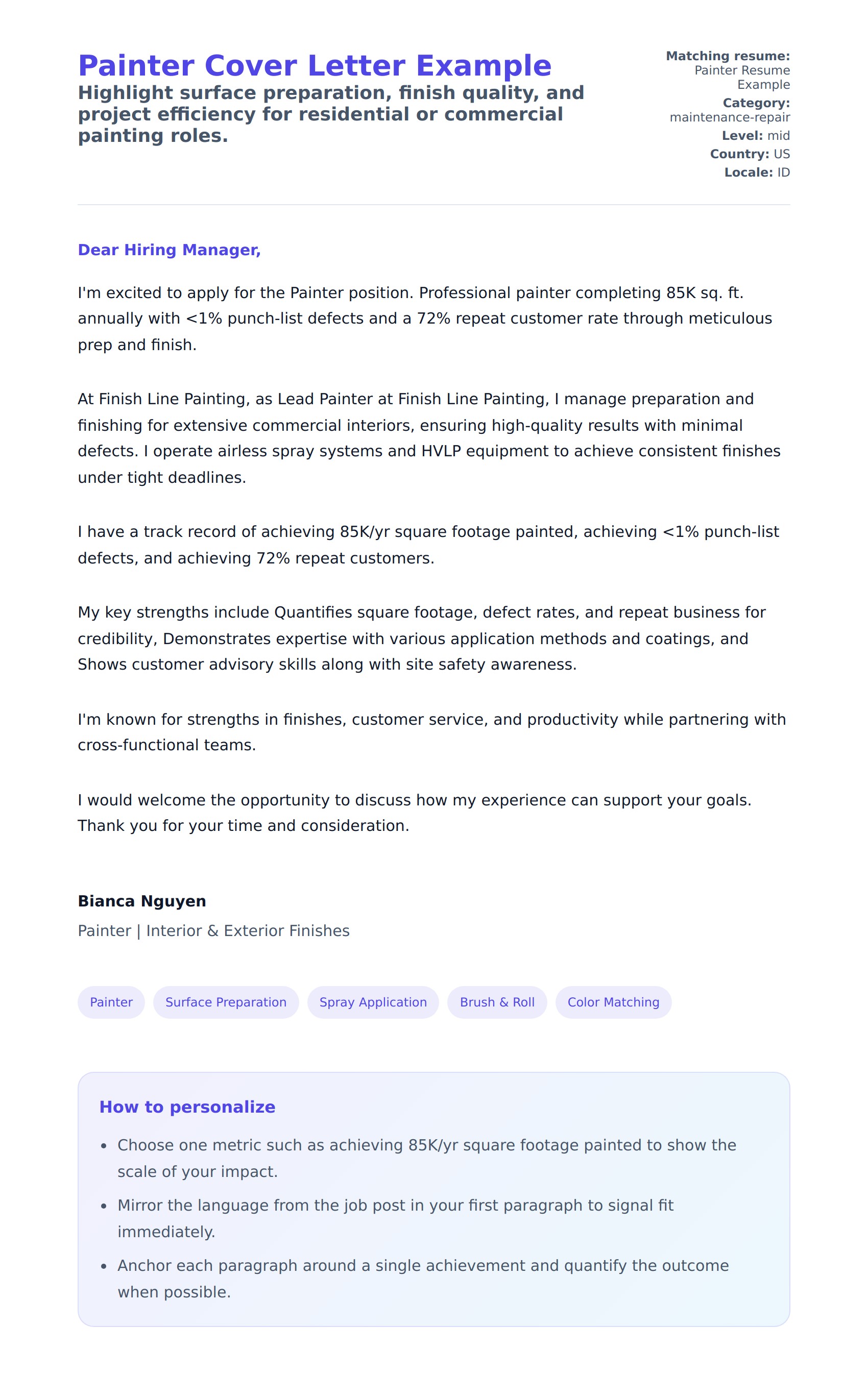 Cover Letter preview for Painter Cover Letter Example