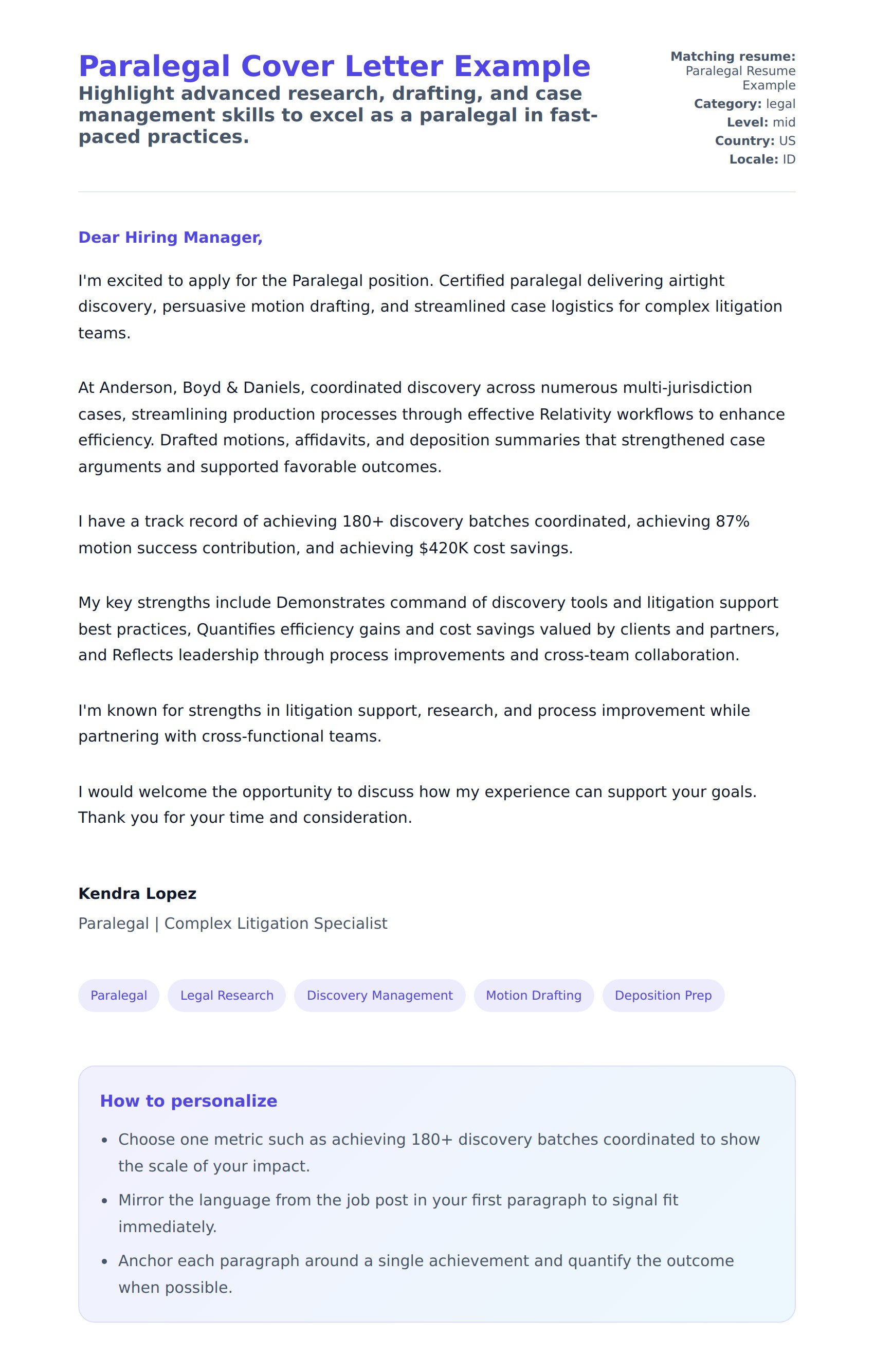 Paralegal Cover Letter Example