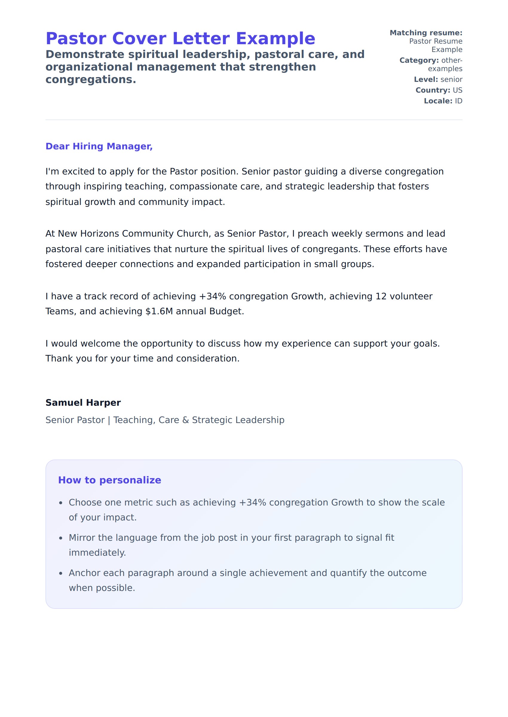 Cover Letter preview for Pastor Cover Letter Example